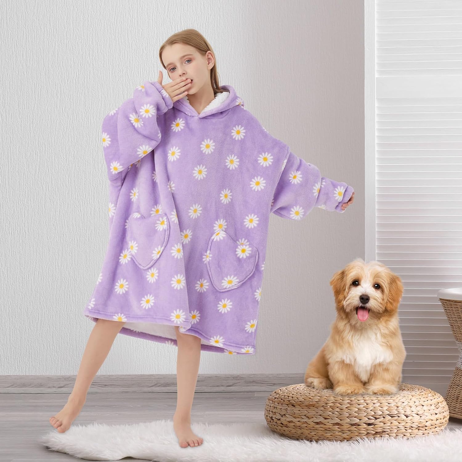 Fiosnow Daisy Flower Blanket Hoodies for Kids 6-13YR Oversize Wearable Blanket Hoodies for Boys Girls Teens - Image 3