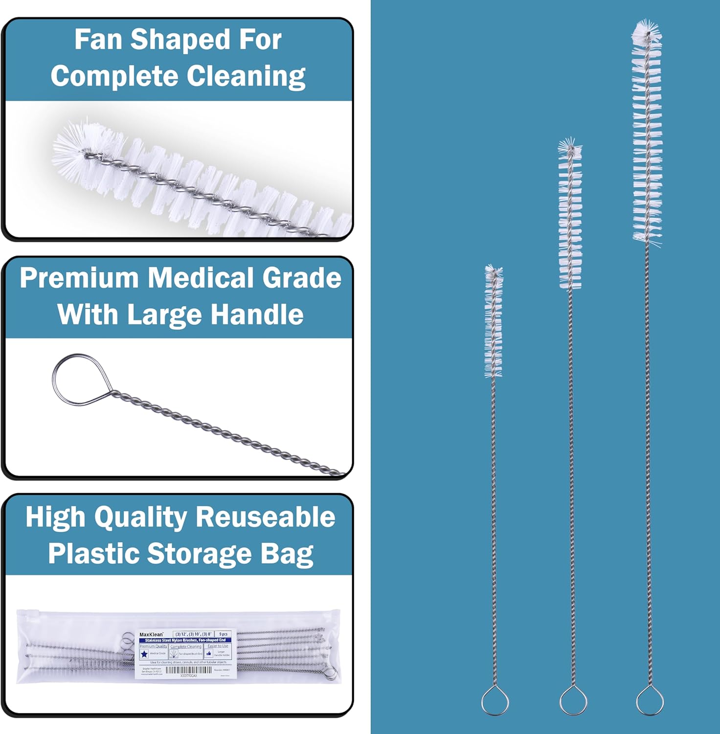 Strong 'n Flex Nylon Straw Cleaner Brushes – Fan-Shaped End for Tight Spaces, Ideal for Reusable Straws, Water Bottles, Sippy Cups & Pipes – Includes Zippered Pouch – 12" Long – Set of 10 - Image 5