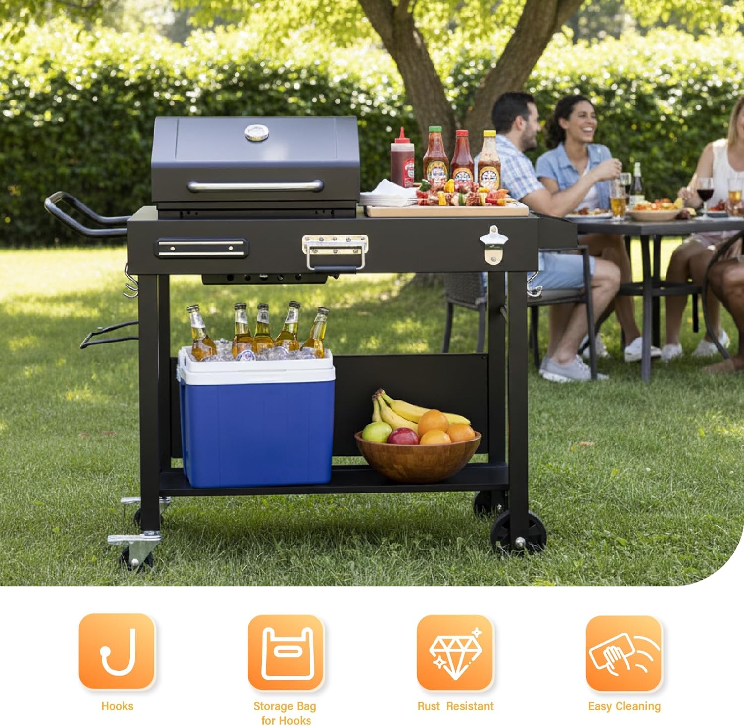 ROVSUN Outdoor Grill Table Cart, Foldable Grill Cart with Wheels, Rolling Table for Ninja, Blackstone Griddle, Pizza Oven Stand, Food Prep Table w/Bottle Opener, Seasoning Tray, Rubbish Bag Holder