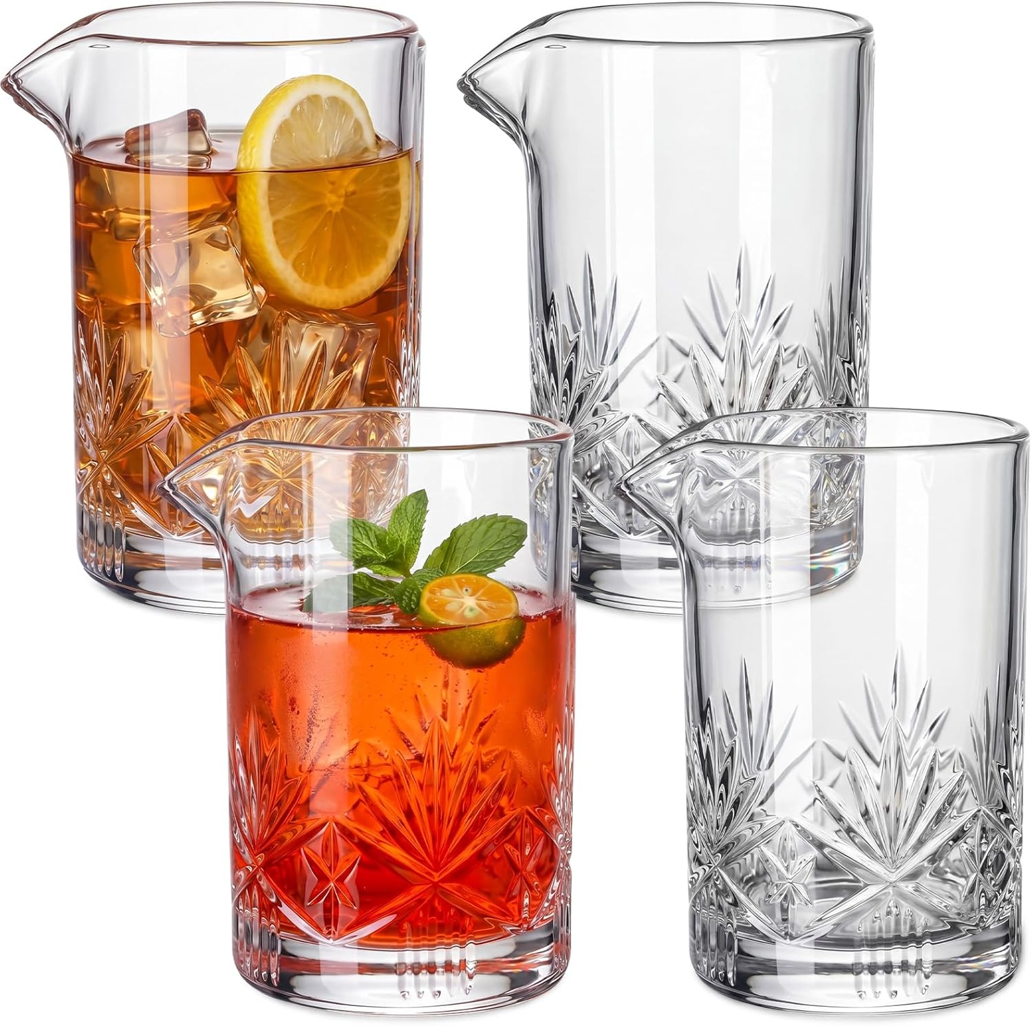 Hushee 4 Pack Cocktail Mixing Glass for Bartender 20oz Bar Crystal Cocktail Stirring Pitcher Thick Mixing Glass Old Fashioned Beaker Accessories for Drinks Martini Whiskey Home Mixologists (Textured)