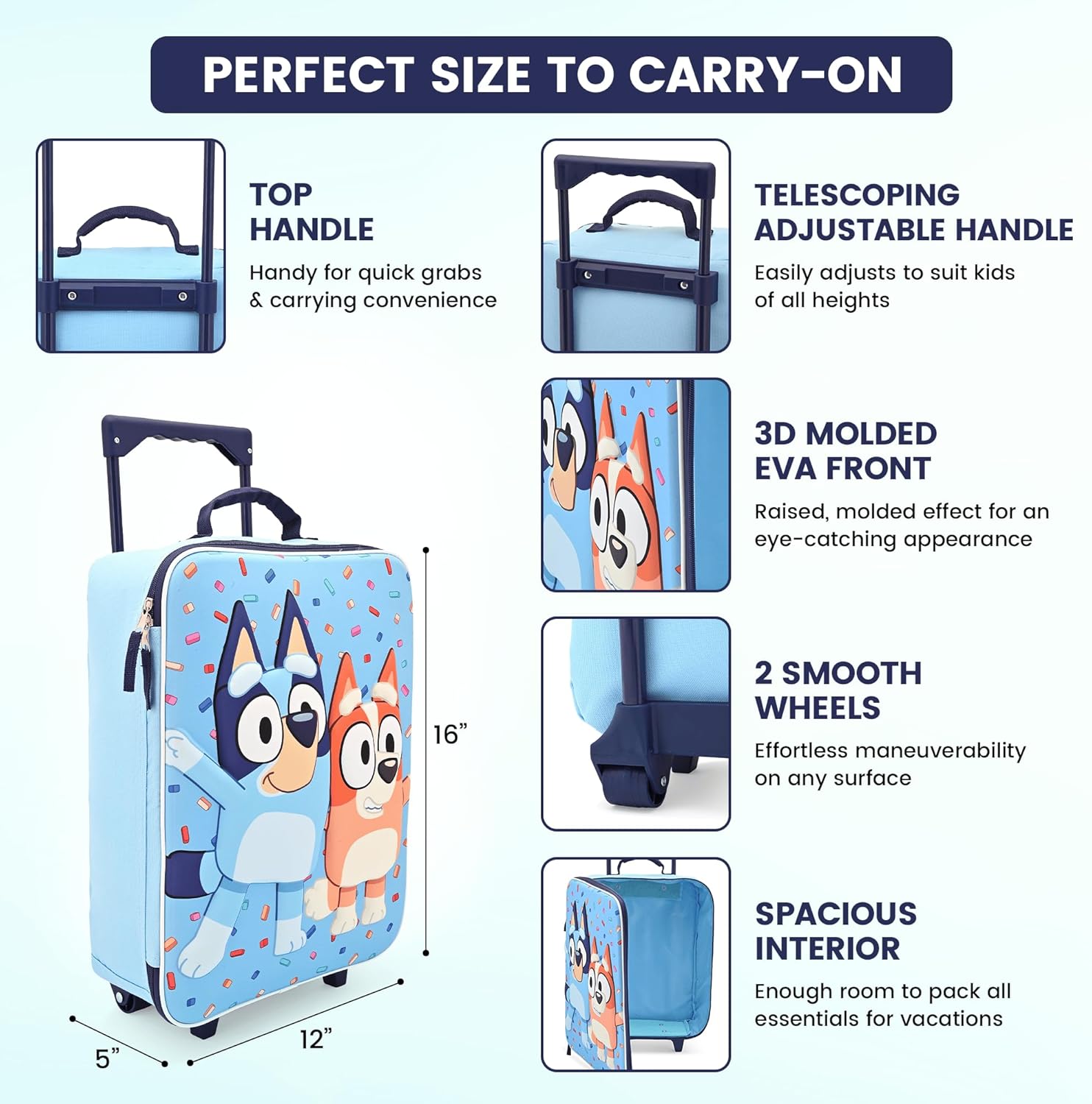 Fast Forward Bluey 16" Soft Luggage - Cute & Durable Carry-On Suitcase for Travel 16X12X5