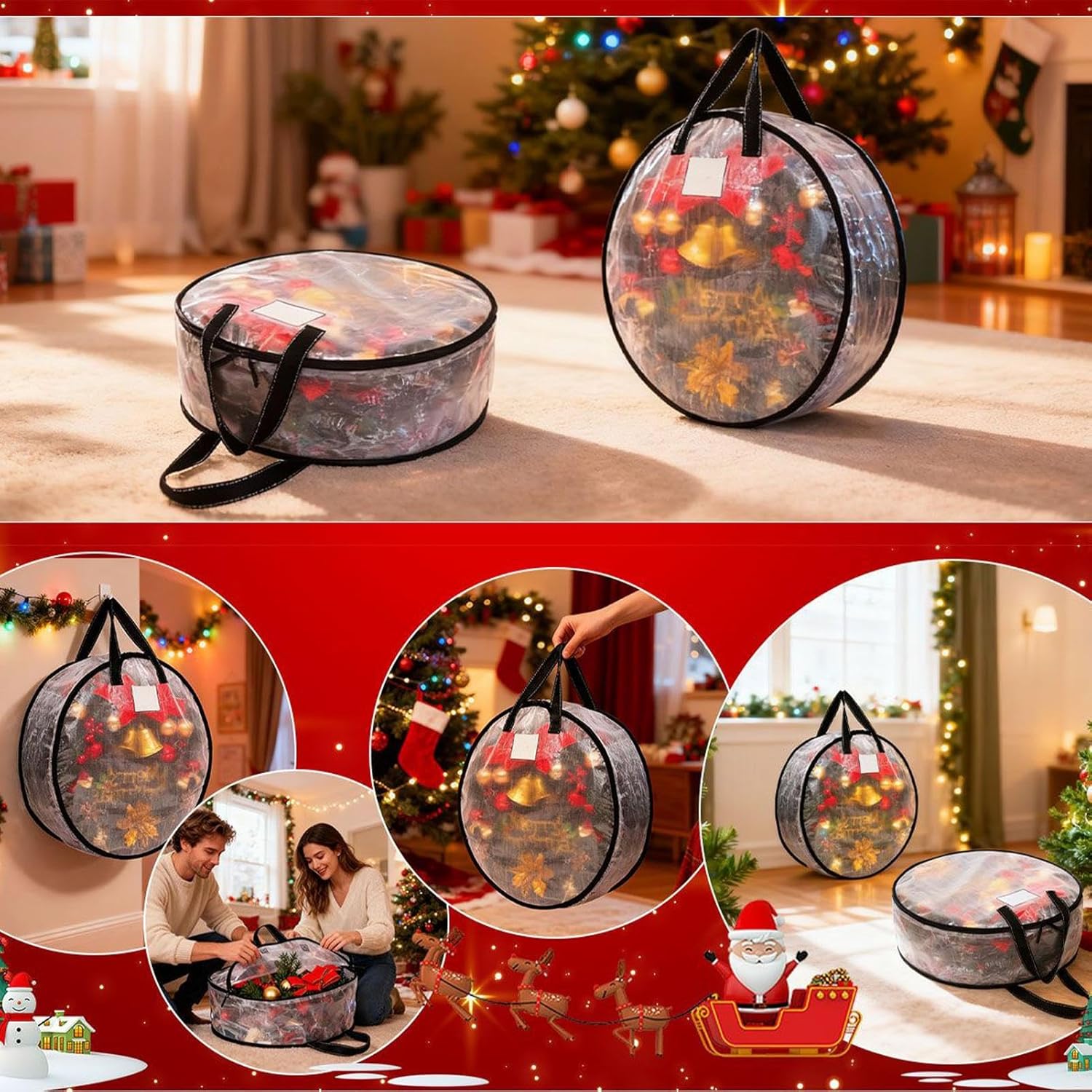 Wreath Storage Container - Transparent Garland Container,Garland Storage with Handle,for Halloween Holiday Festival Christmas Seasonal Apartment Garage Attic Laundry Wardrobe