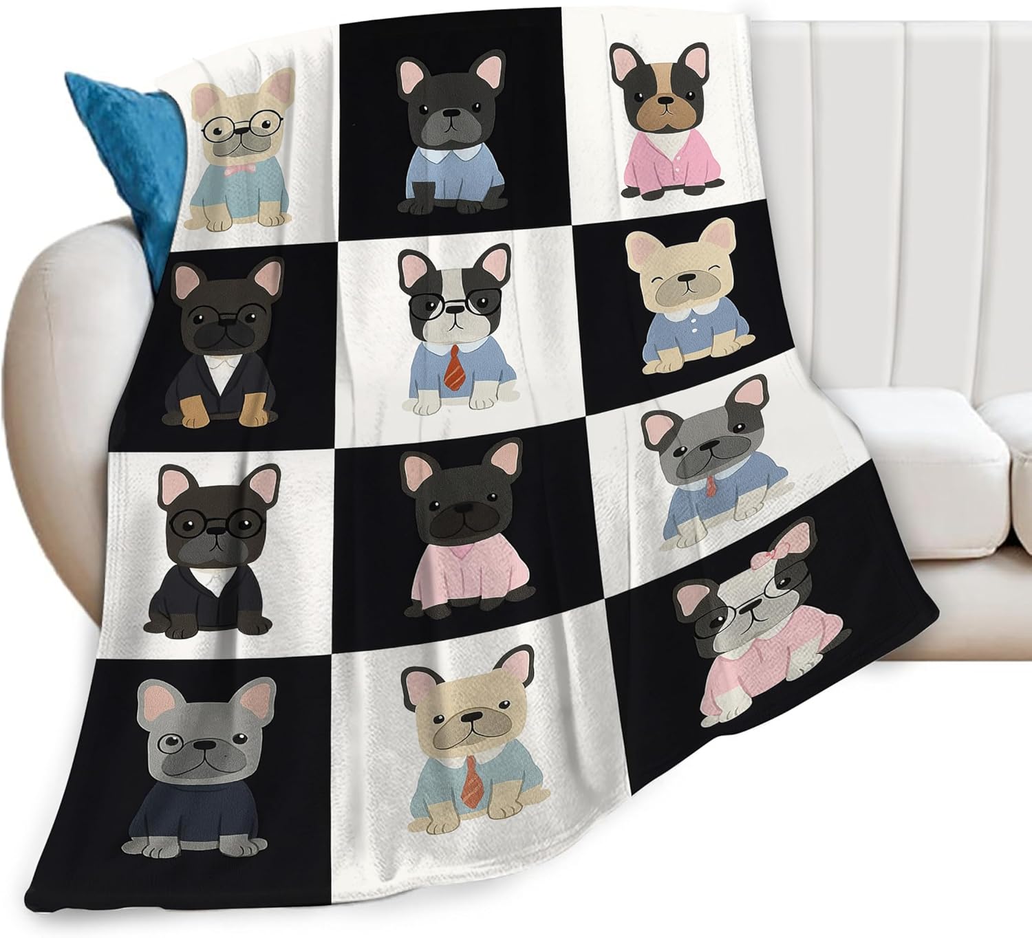 French Bulldog Throw Blanket Cute Dog Cozy Fleece Fuzzy Splicing Soft Flannel Plush Bulldog Warm Bedding Stuff Gifts for Women Girls Kids Adults 40 x 50 Inch - Image 3