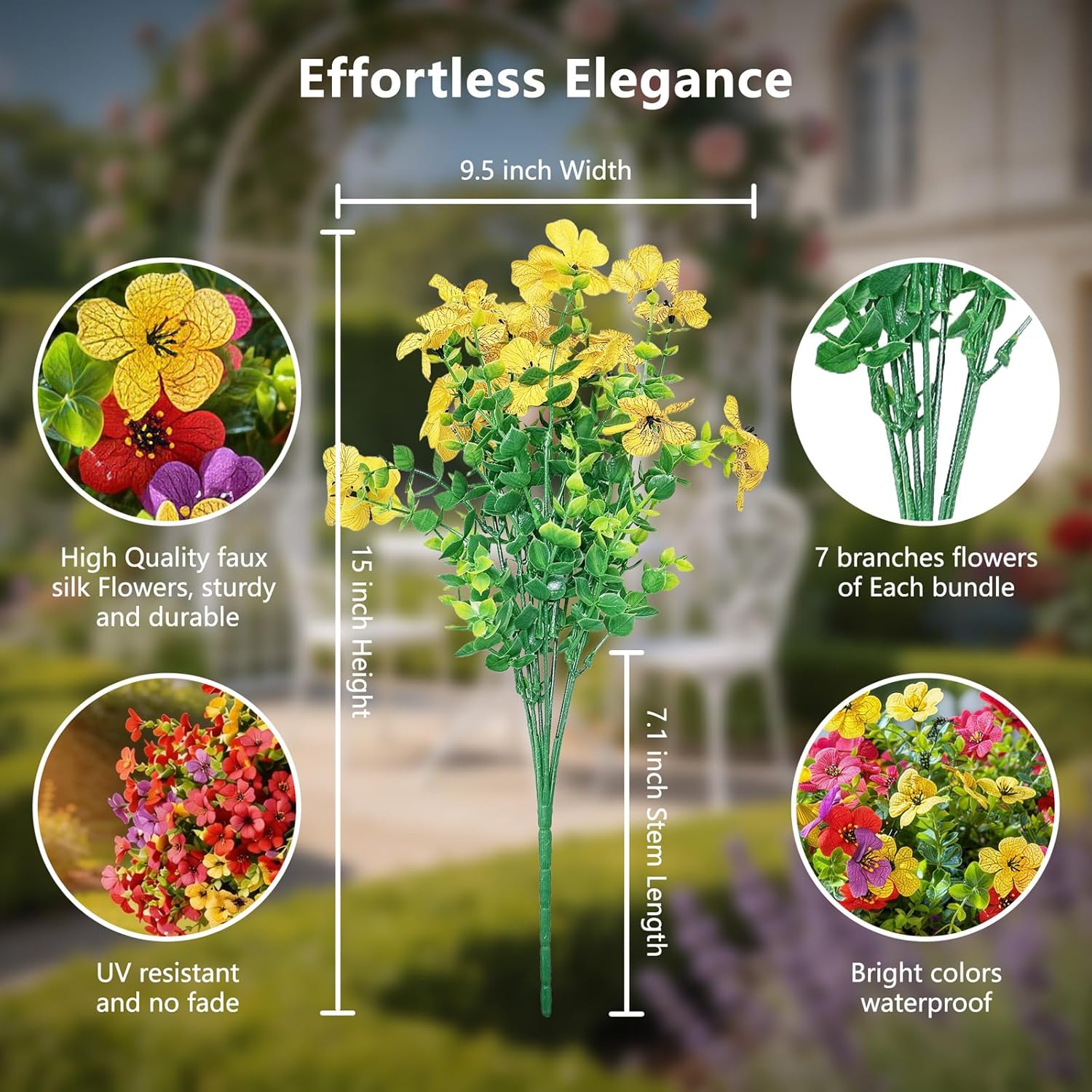 Artificial Flowers for Outdoor, UV Resistant Faux Silk Flowers, 12 Pcs Total with 4 Vibrant Colors, Waterproof Lifelike Blooms for Garden, Porch, Patio, Balcony and Planter Box Decoration