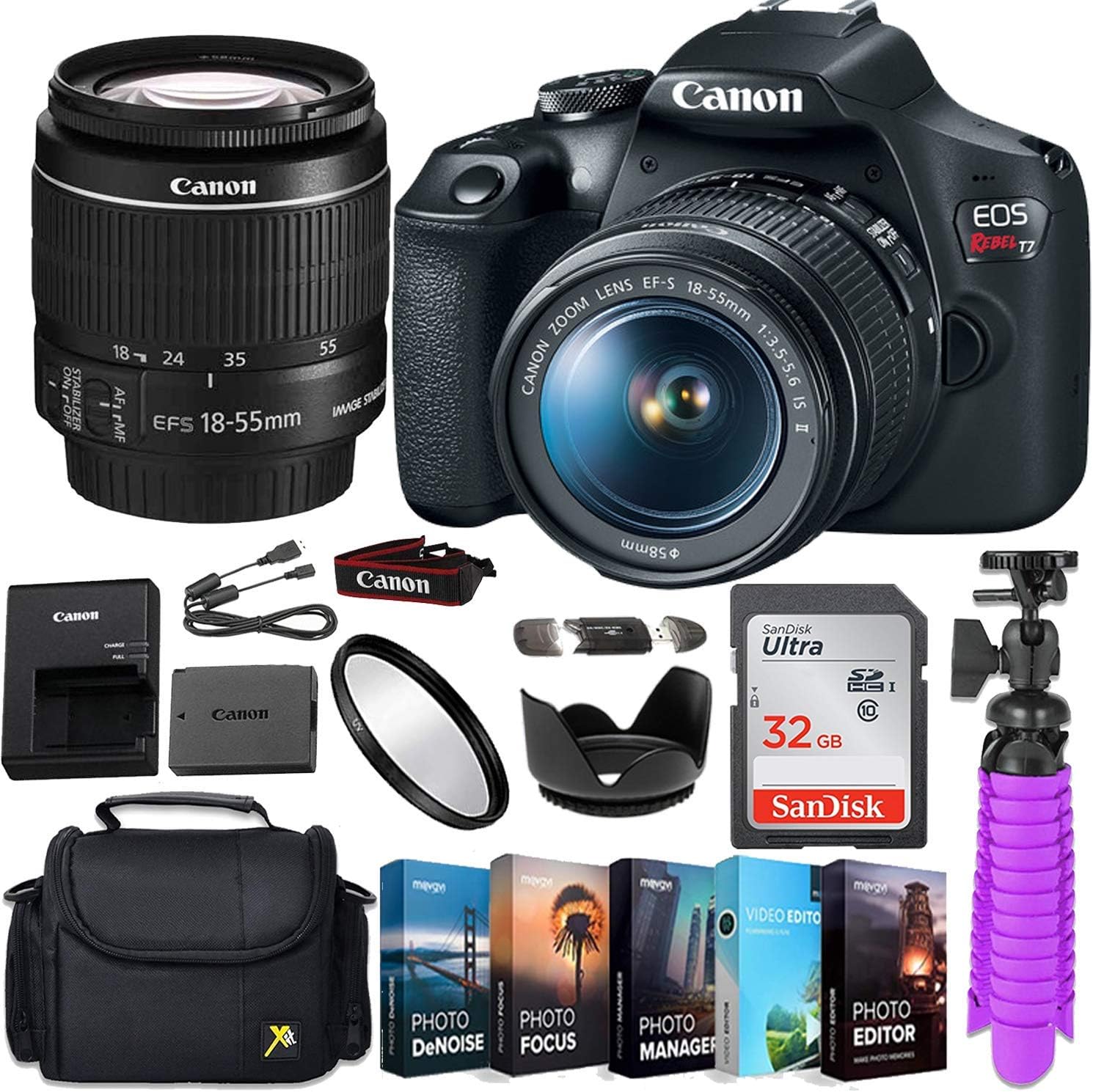 Canon EOS Rebel T7 DSLR Camera Bundle with Canon EF-S 18-55mm f/3.5-5.6 is II Lens + Gadget Case + 32GB Sandisk Memory Card + Accessory Kit (13 Items) (Renewed)