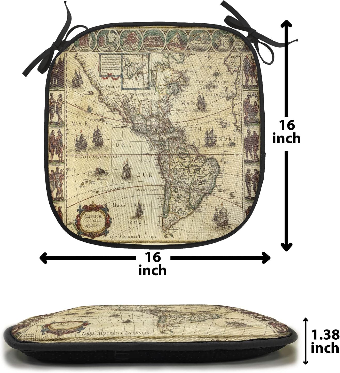 Lunarable Vintage Map Chair Cushion Pads Set 12, Old Map Middle Ages Flag Sailing Boats Landmark Antarctic Illustration, Anti-Slip Seat Padding for Kitchen & Patio, 16"x16", Brown Ivory Green