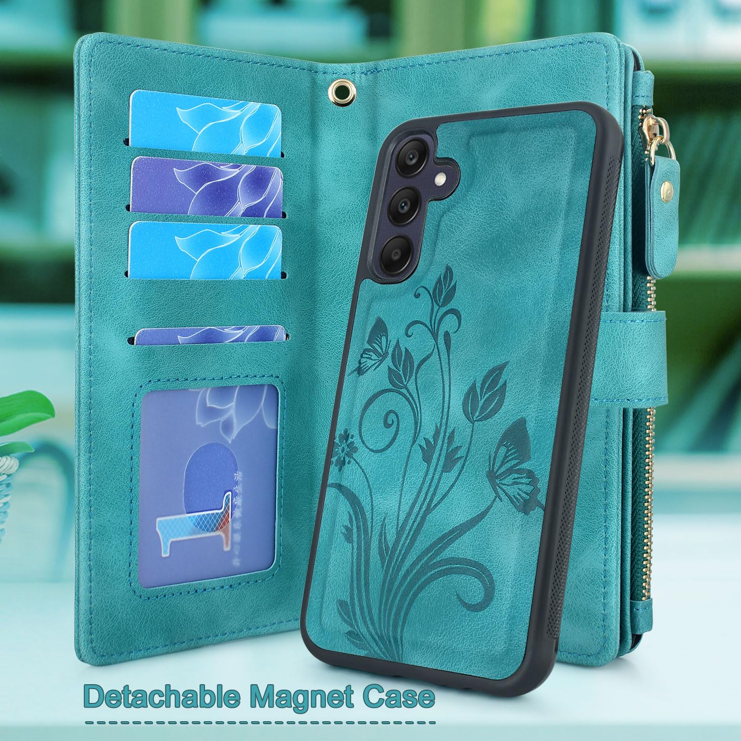 Lacass Case Wallet for Samsung Galaxy A25 5G, [12 Card Slots] ID Credit Cash Holder Zipper Pocket Detachable Leather Wallet Cover with Wrist Strap Lanyard?Floral Blue Green?