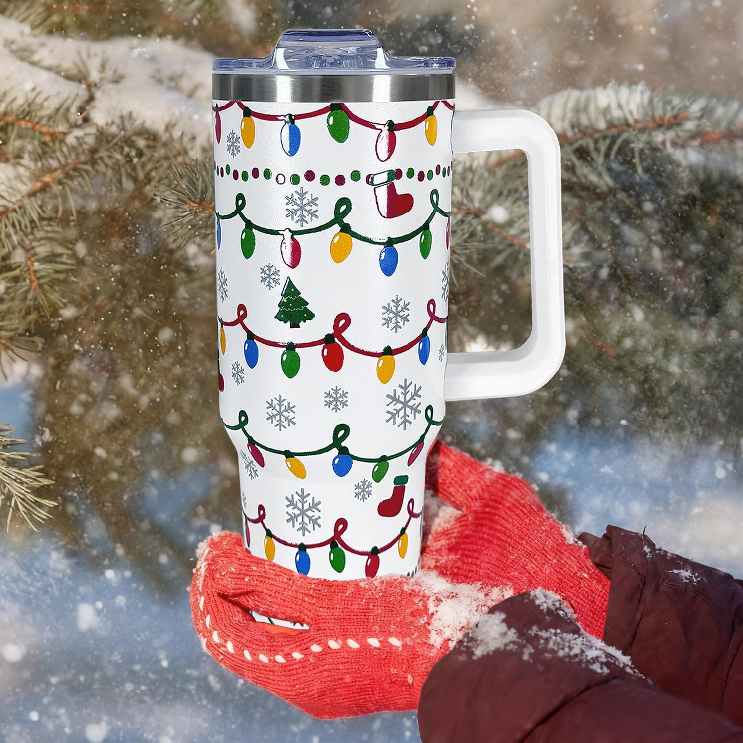 40 oz Christmas Tumbler With Handle Lid and Straw,5D Xmas Lights Snowflakes Print Stainless Steel Insulated Travel Mug Christmas Coffee Cup Gifts for Men Women - Image 2