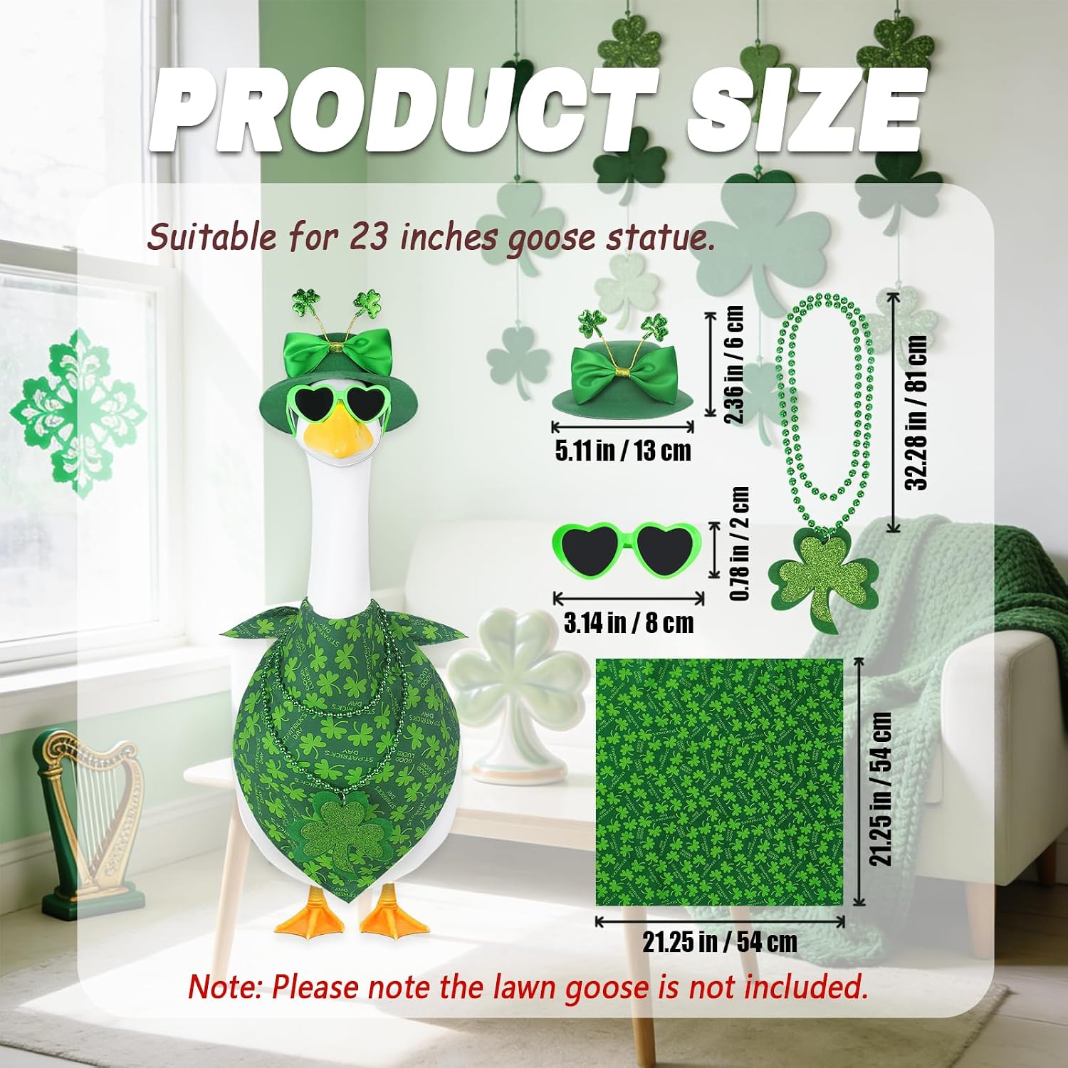 St.Patrick's Day Porch Goose Outfits,4 Pcs Lucky Shamrock Goose Outfit with Clover Bow Hat,Bibs,Necklace and Heart-Shaped Glasses,23" Green Cement Goose Statue Costume for Garden Patio Yard Lawn(B)