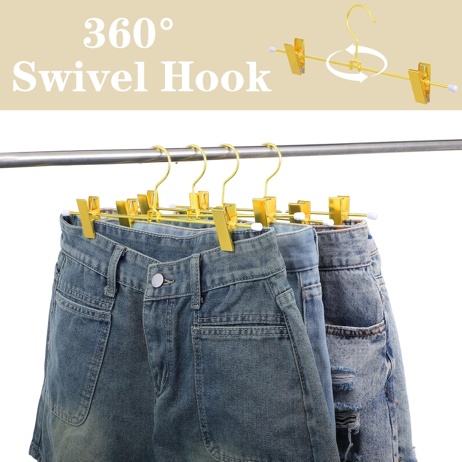 20 Pack Shiny Gold Metal Hangers 12 Inch Gold Pants Skirts Hanger with 2 Adjustable Non Slip Clips and Swivel Hook Sturdy Skirt Hangers with Clips for Skirts Slacks Jean Trousers