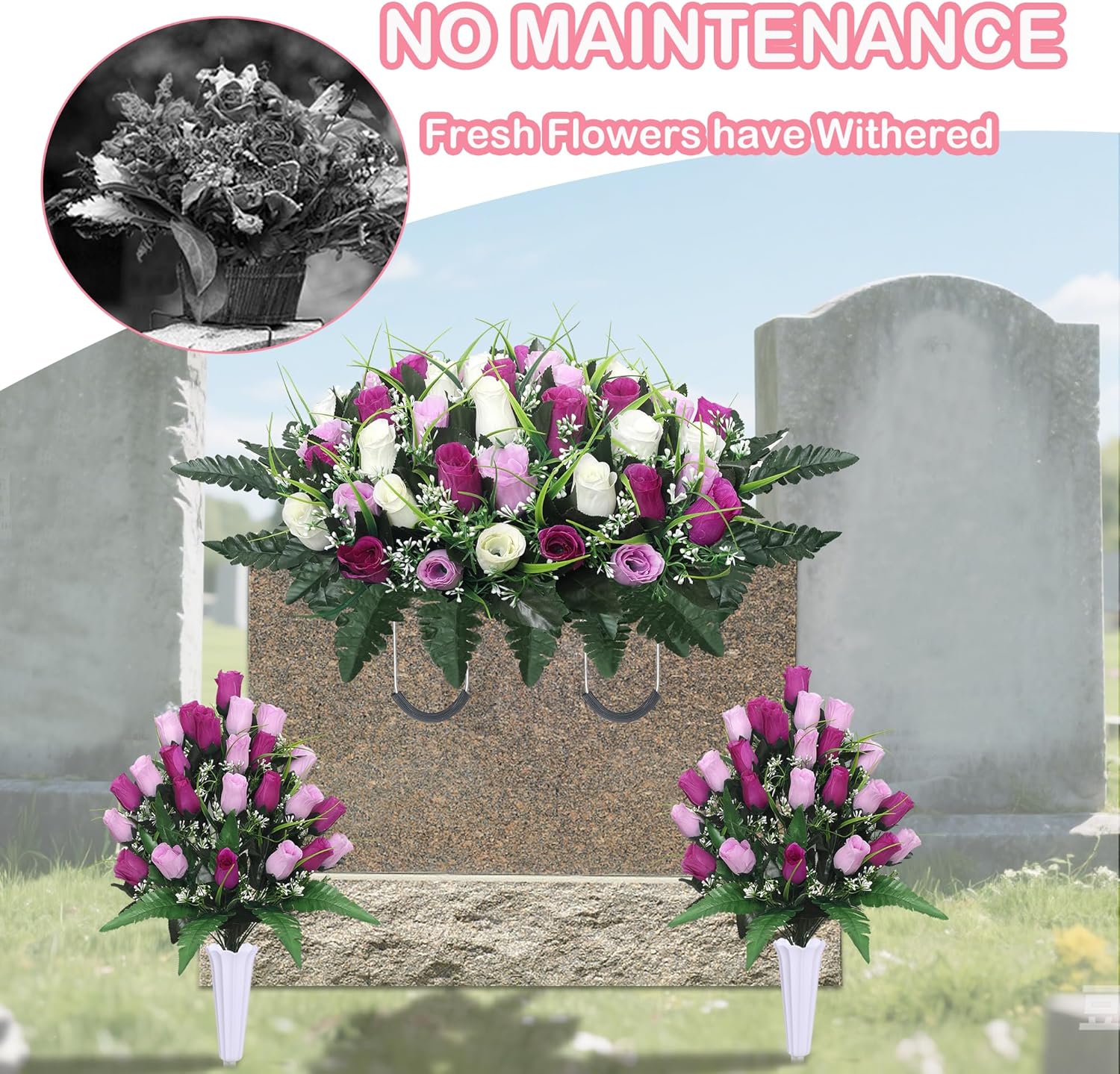 Lodou Artificial Cemetery Flower Saddles for Graves, Cemetery Memorial Flowers with Vase and 2 Memorial Bouquets for Grave Tombstone,Outdoor Grave Saddle Headstone Decorations (Purple White)