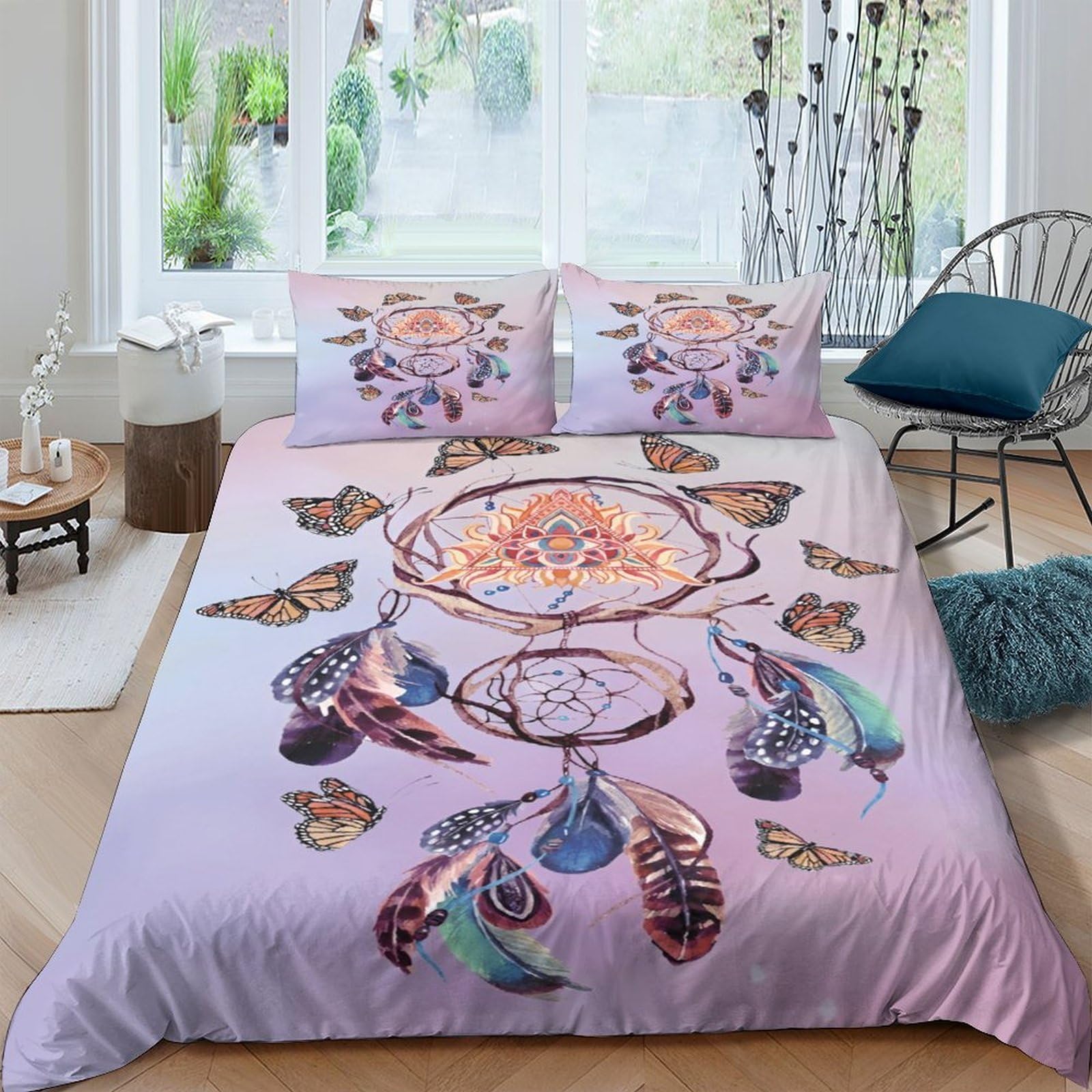 Ctjqhvkz Style-4 3D Printed Dreamcatcher Butterfly Fitted Sheet Microfiber Soft Pastel Bed Cover For Bedroom Guest Room Decor Single（135X200cm）