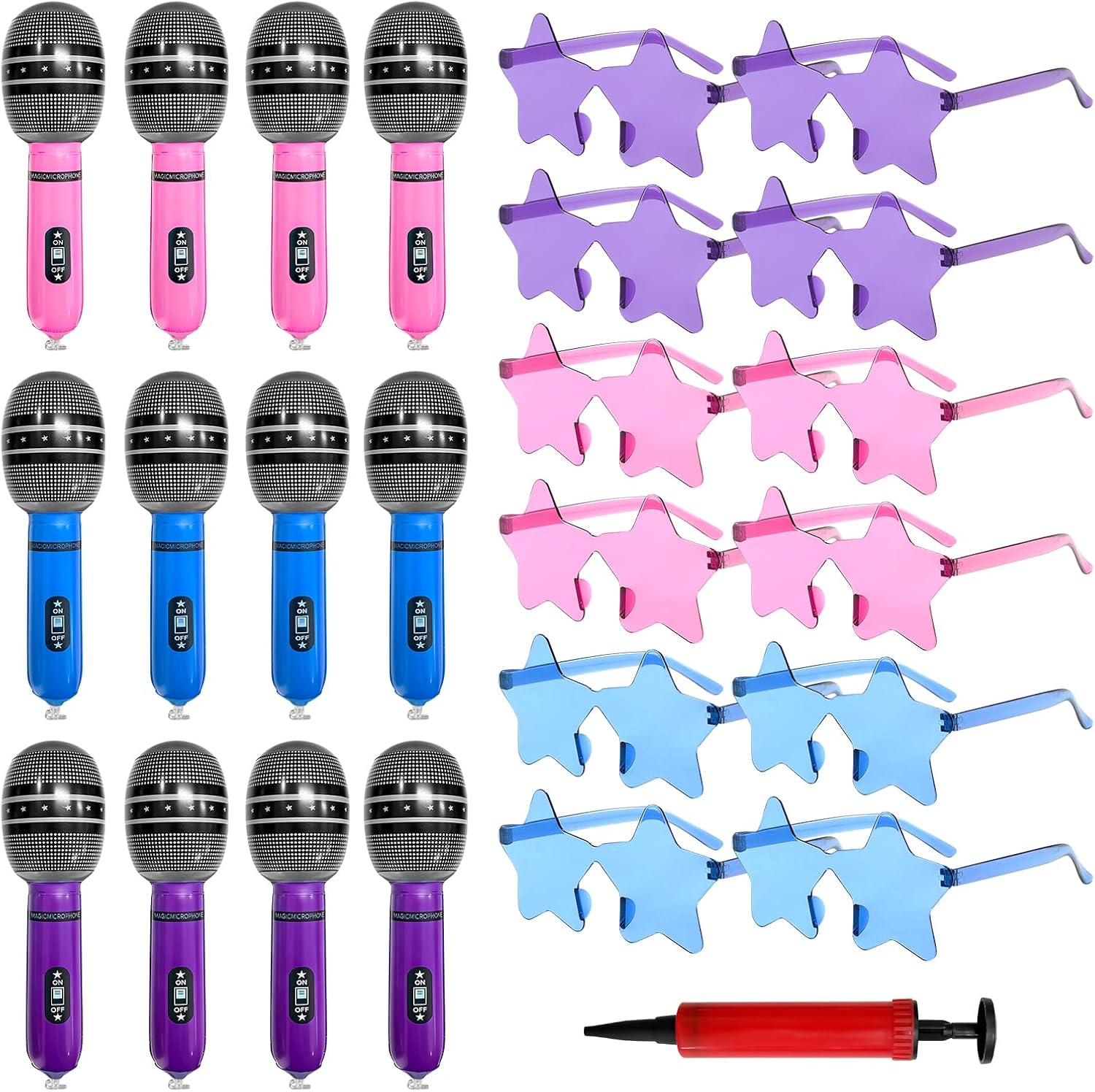 25 Pcs Kpop Party Supplies – 12 Inflatable Microphones & 12 Rimless Heart Sunglasses with Air Pump – Karaoke, 90s Disco, Rock & Roll, Bachelorette Party Supplies