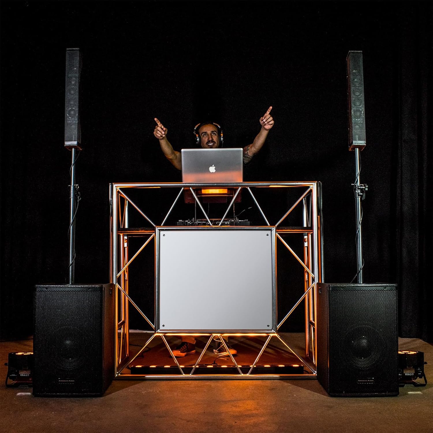 Audiosavings bundle: ADJ Pro Event Table 2 Foldable Portable Metal DJ Booth Facade bundled with Black and White Scrims (3 items)