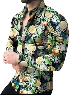 CEWIFO T Shirts for Men UK Funny Men's Autumn and Winter Casual Lemon Print Shirt Long-Sleeved Button Lapel Shirt Casual Lapel Print Long-Sleeved Shirt Floral Sleeve