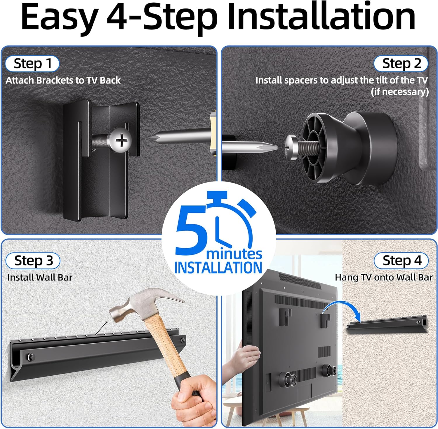 Auoace Studless Drywall TV Mount for 32 to 75 inch Television, No Drill TV Wall Mount Holds 150 lbs, Flat Wall Mount TVs Bracket, Max VESA 600x400mm, No-Stud Required, Easy Install with All Hardware