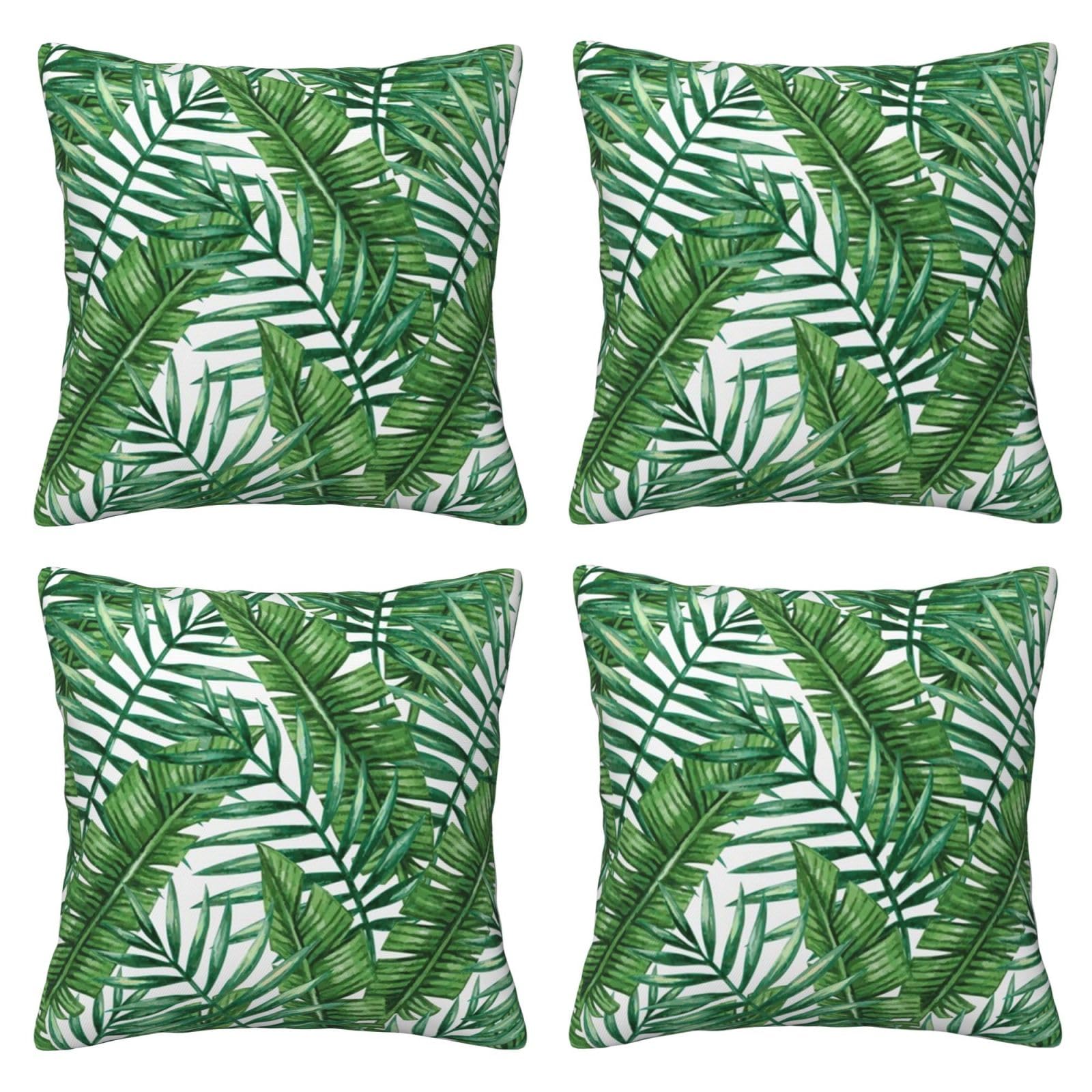 Banana Leaf Green Printed Pillow Case Set Of 4 - Square Cushion Cover Modern Pillowcase 40x40 Cm