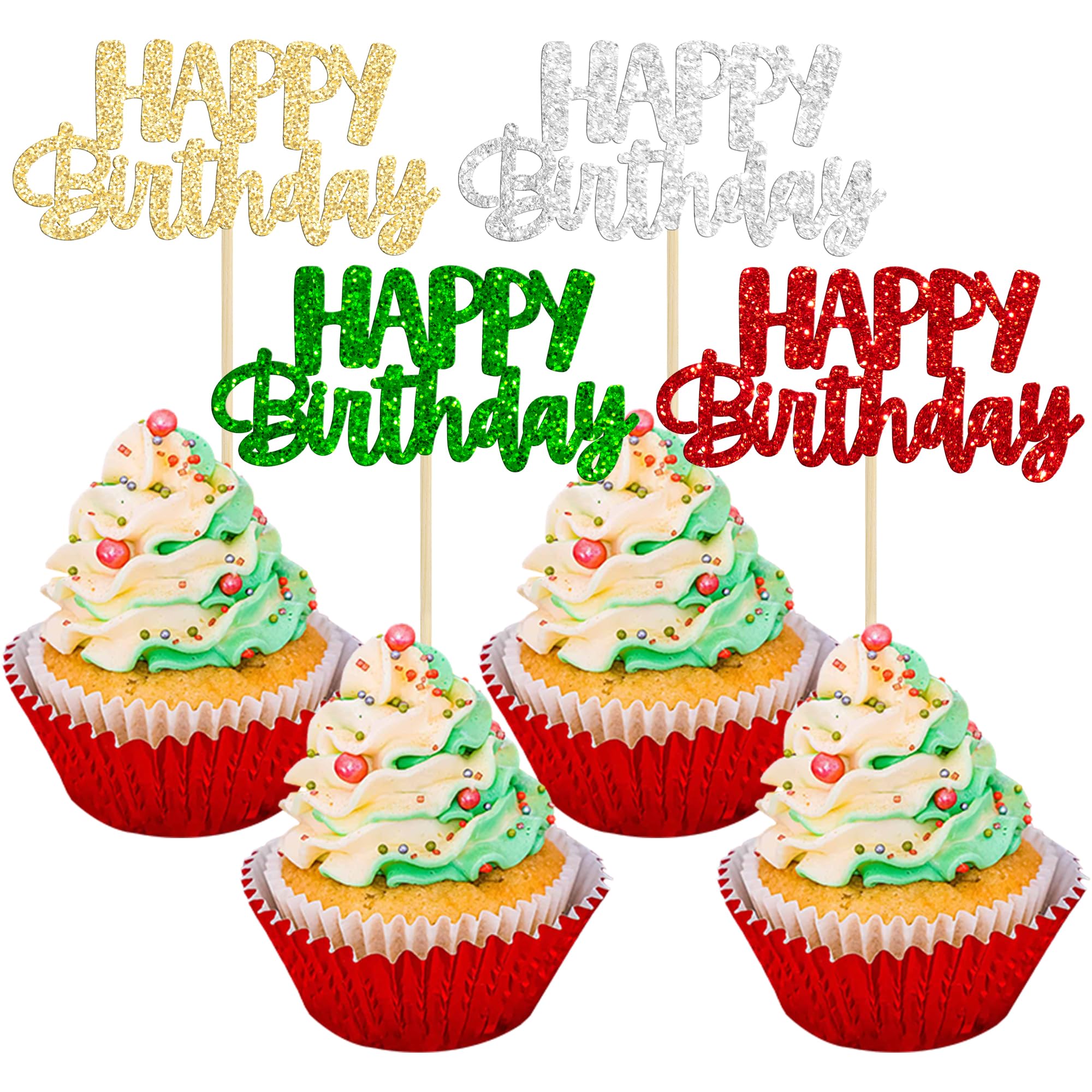Gyufise 24Pcs Happy Birthday Cupcake Toppers Glitter Birthday Cupcake Food Picks for Celebrating Happy Halloween Theme Party Cake Decorations Supplies Silver Red Green Gold — image 1