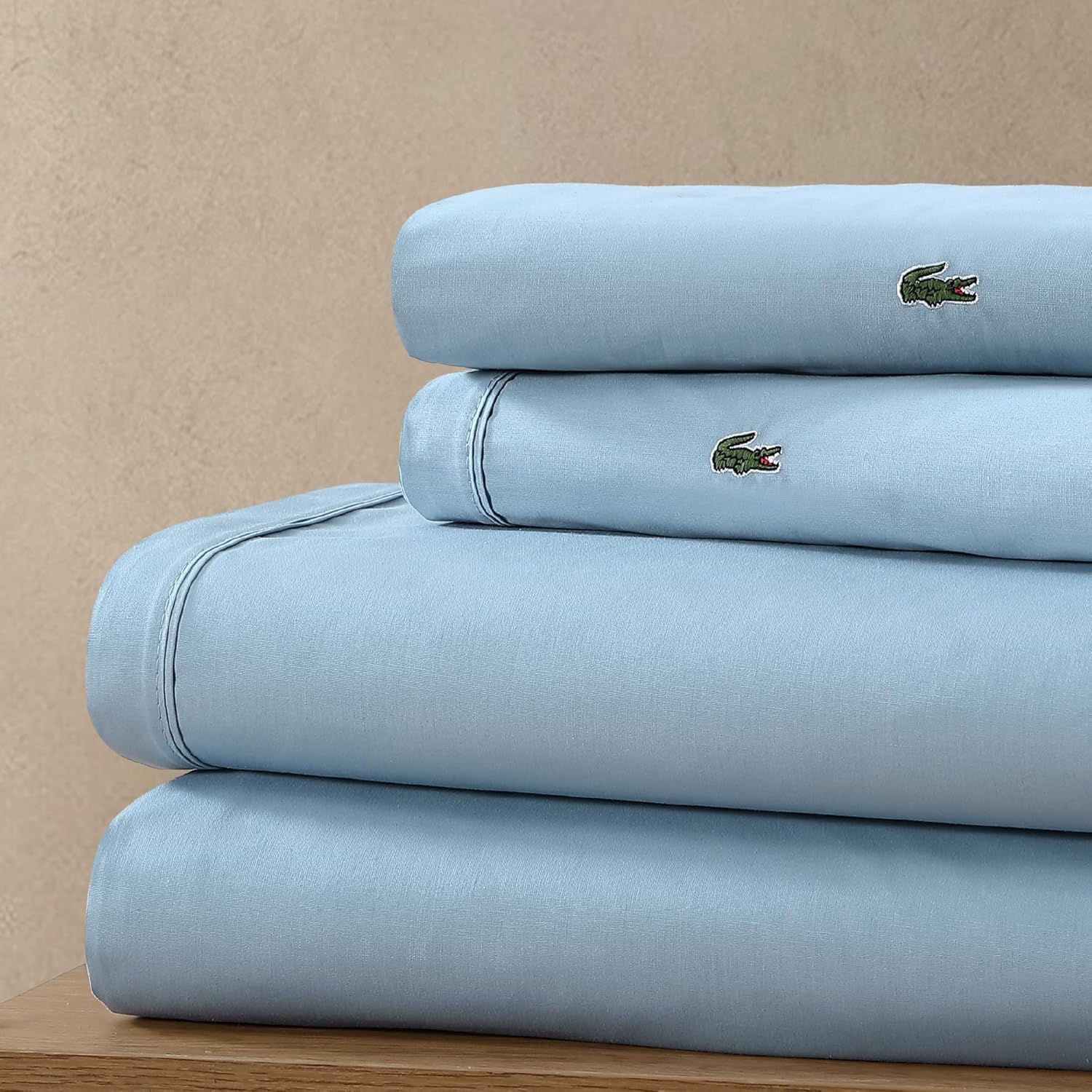 Lacoste 100% Cotton Percale 4-Piece Sheet Set – Crisp Cool Breathable All-Season Bedding, Oeko-Tex Certified, Soft Matte Finish, Durable Premium Cotton – Solid, Allure Blue, King