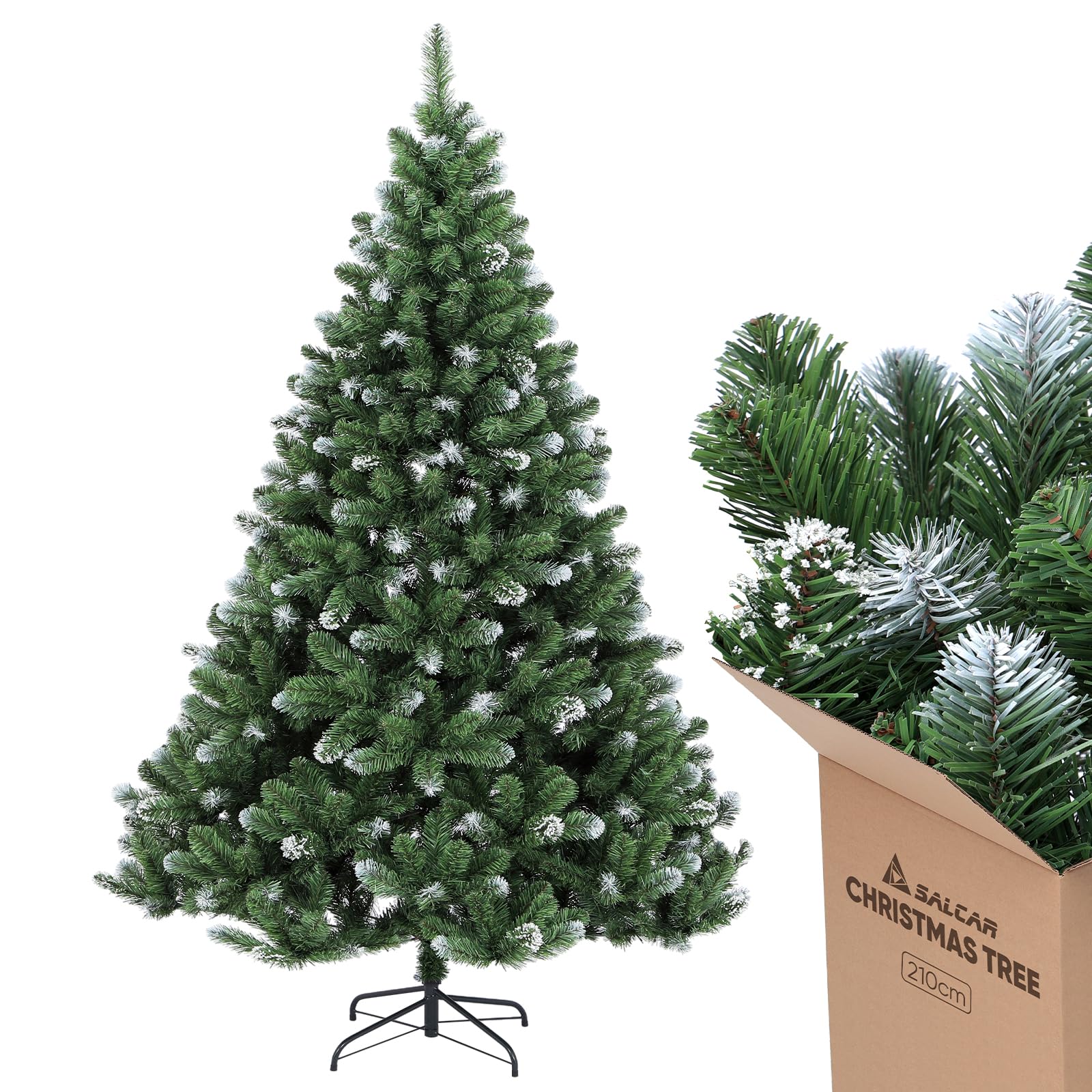 SALCAR Sapin de Noël Artificiel 210 cm, Robuste avec Tronc en Métal, Branches en PVC Décorées de Neige, Résistant et Durable