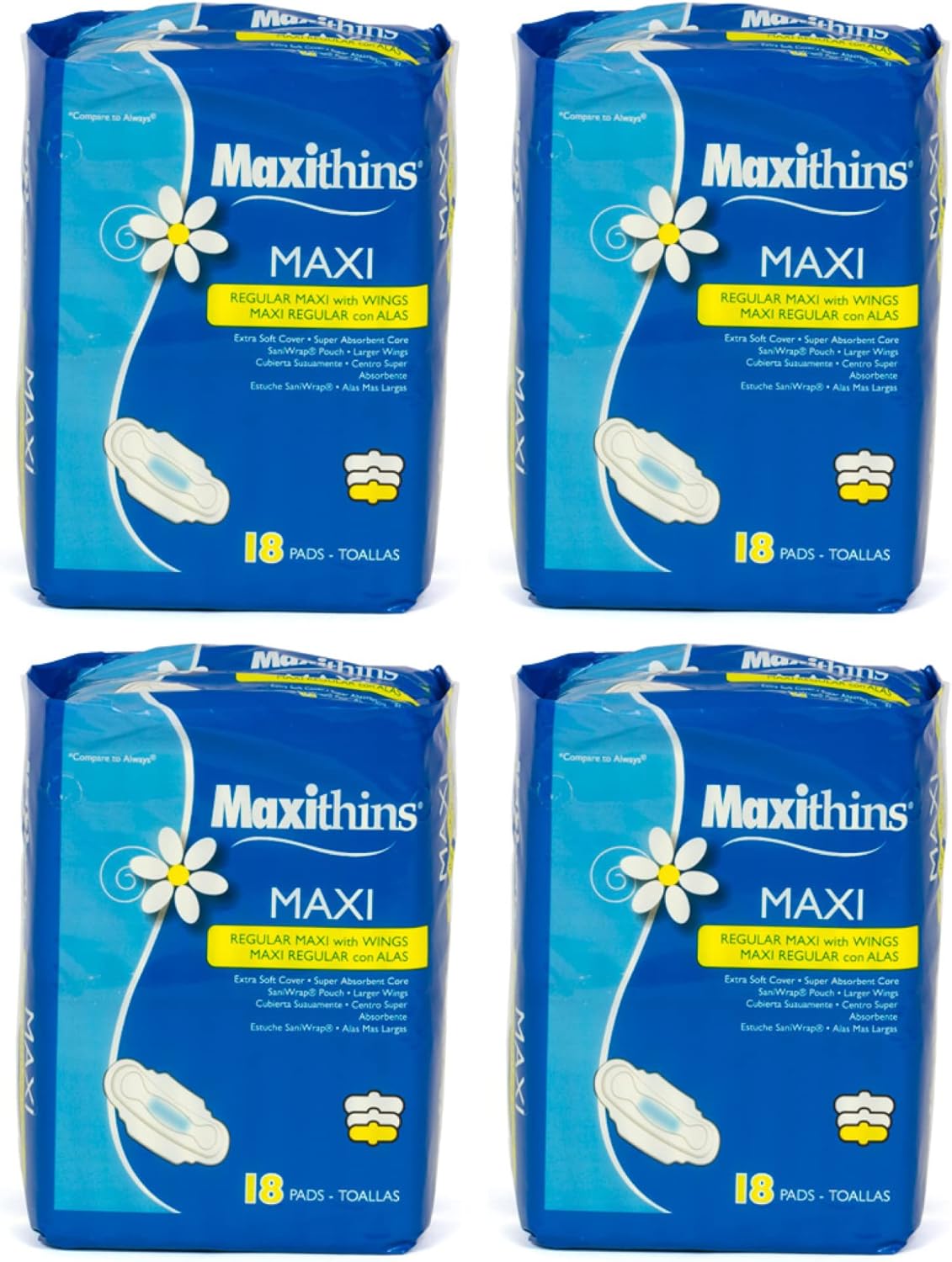 Maxithins - Regular Maxi with Wings 72ct (4 packs of 18)
