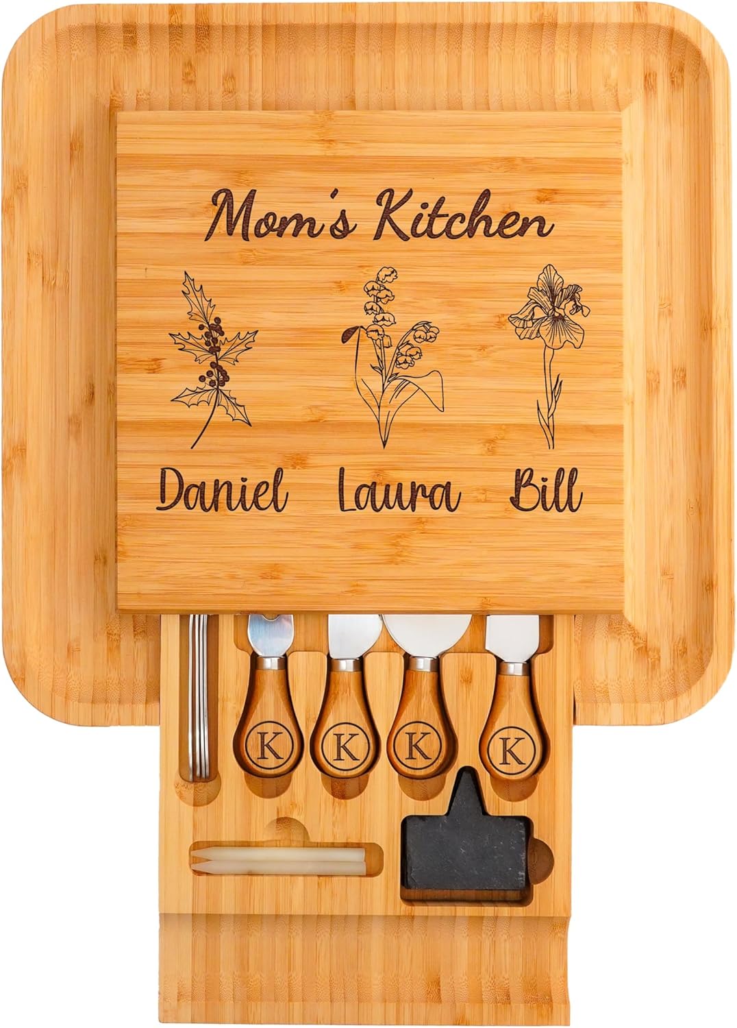 Personalized Charcuterie Cutting Board with Birth Flower Design, Grandma’s Garden Gift for Mom or Grandma, Custom Cheese Board Christmas Birthday Mothers Day Gift from Grandkids Son Daughter