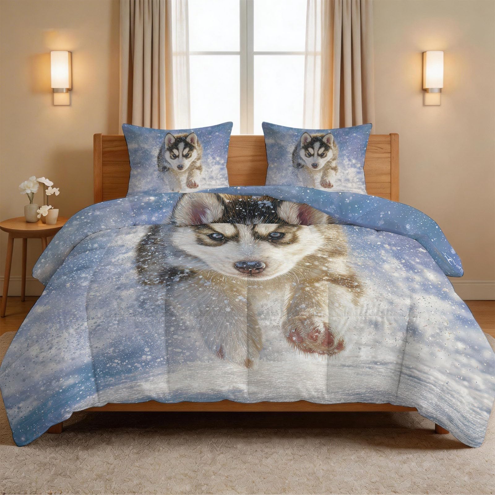 Couette 4 saisons 220x240 cm avec 2 taies d'oreiller motif Husky et flocons de neige