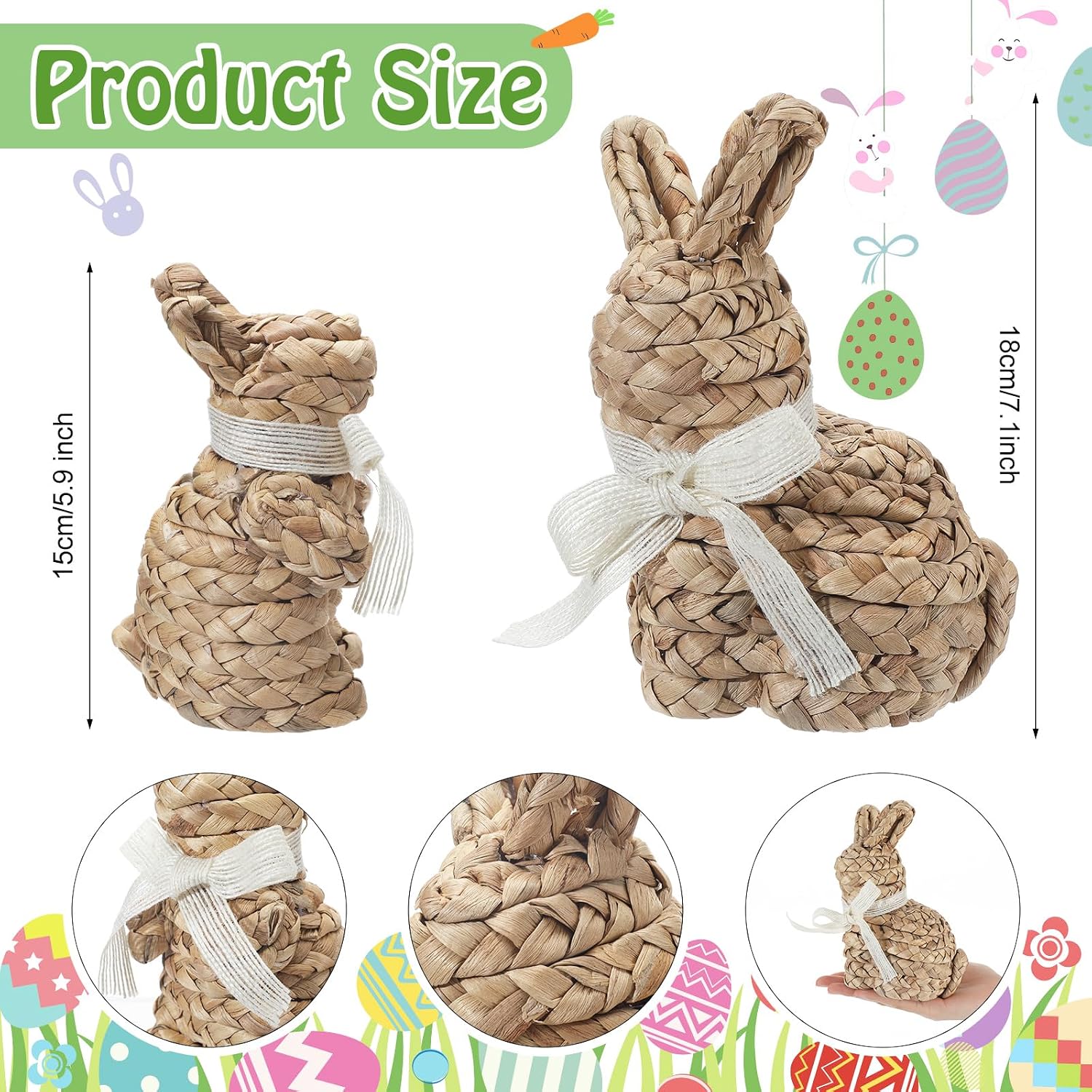 Condition photo showing New/Like New for 2 pcs wicker easter bunny decor for home 6 inch 7 inch rattan bunny table decor set natural woven rabbit figurine statue for spring vintage kitchen home table centerpiece, 2 size