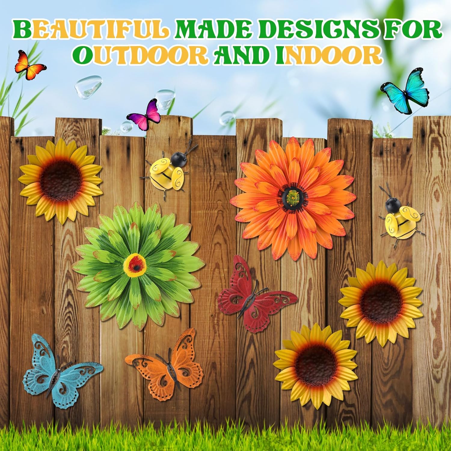 Therwen 10 Pcs Metal Wall Art Decor Metal Sunflower Bee Butterfly Backyard Decorations Hanging Sunflower Kitchen Bathroom Decor for Indoor, Outdoor, Living Room, Bedroom