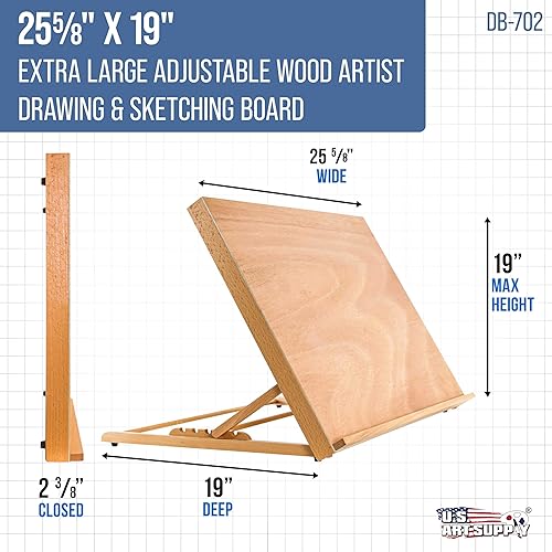 Miniatura 2 de U.S. Art Supply XL - Tablero de dibujo de madera ajustable para artista, 25-58 pulgadas de ancho x 19 pulgadas de alto (A2)