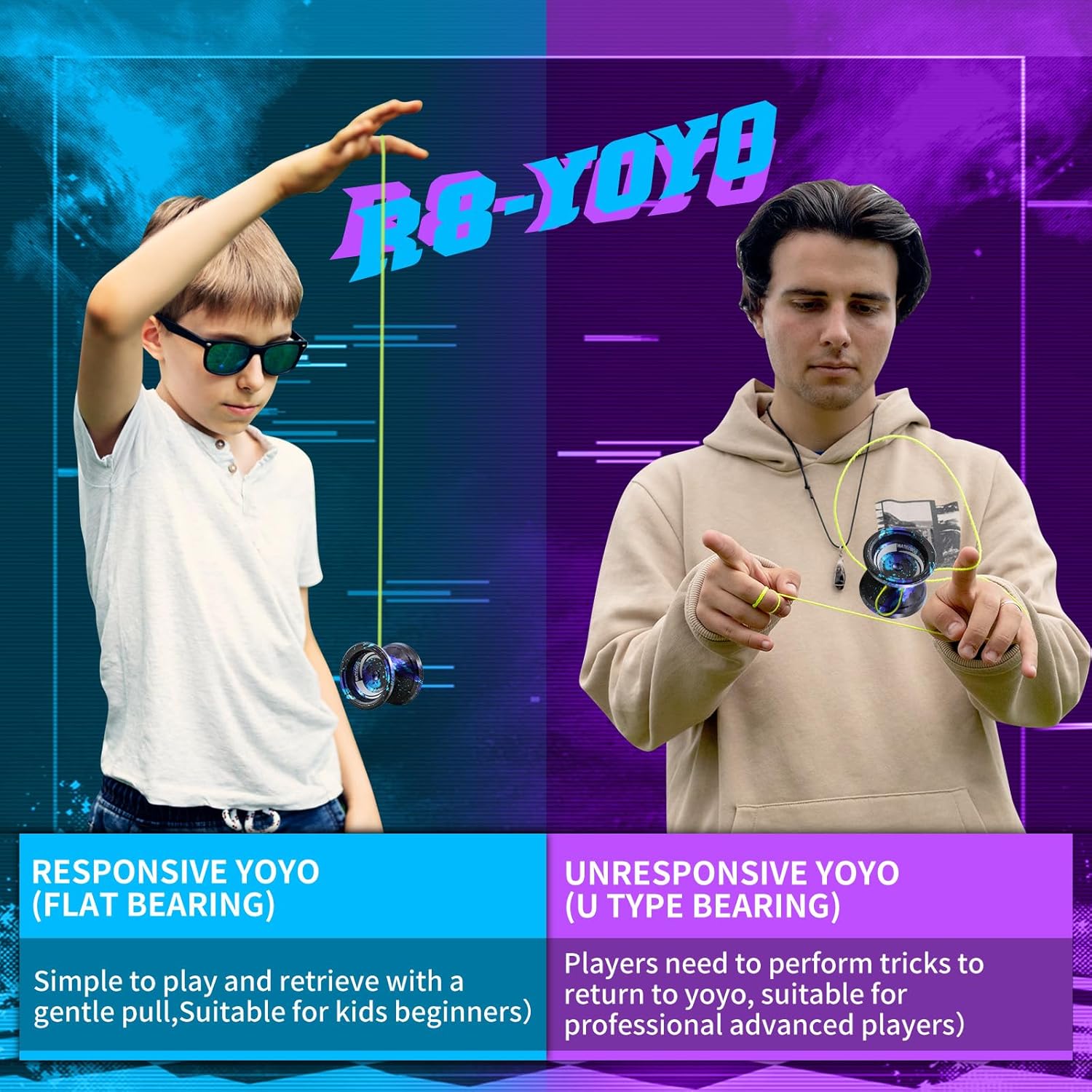 WATIEOBOO R8 Upgraded Version, Professional yoyo, Metal Dual-Mode Yo yo (Responsive and Non-Responsive), Finger Spin yoyo, Suitable for Beginners to Advanced Competitive Players