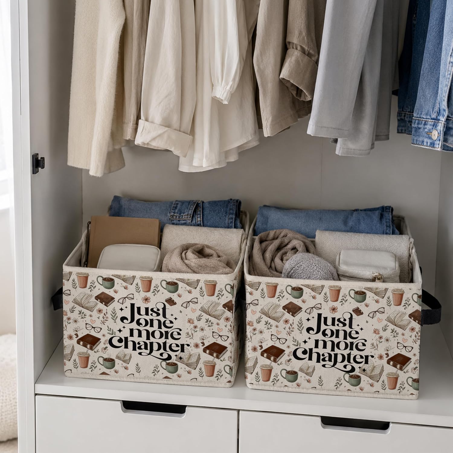 Coffee Book Lover Storage Bins Box, Just One More Chapter Bookworm Collapsible Storage Basket Clothes Toys Books Organizer for Reading Corner Nook Room Library Home Decor