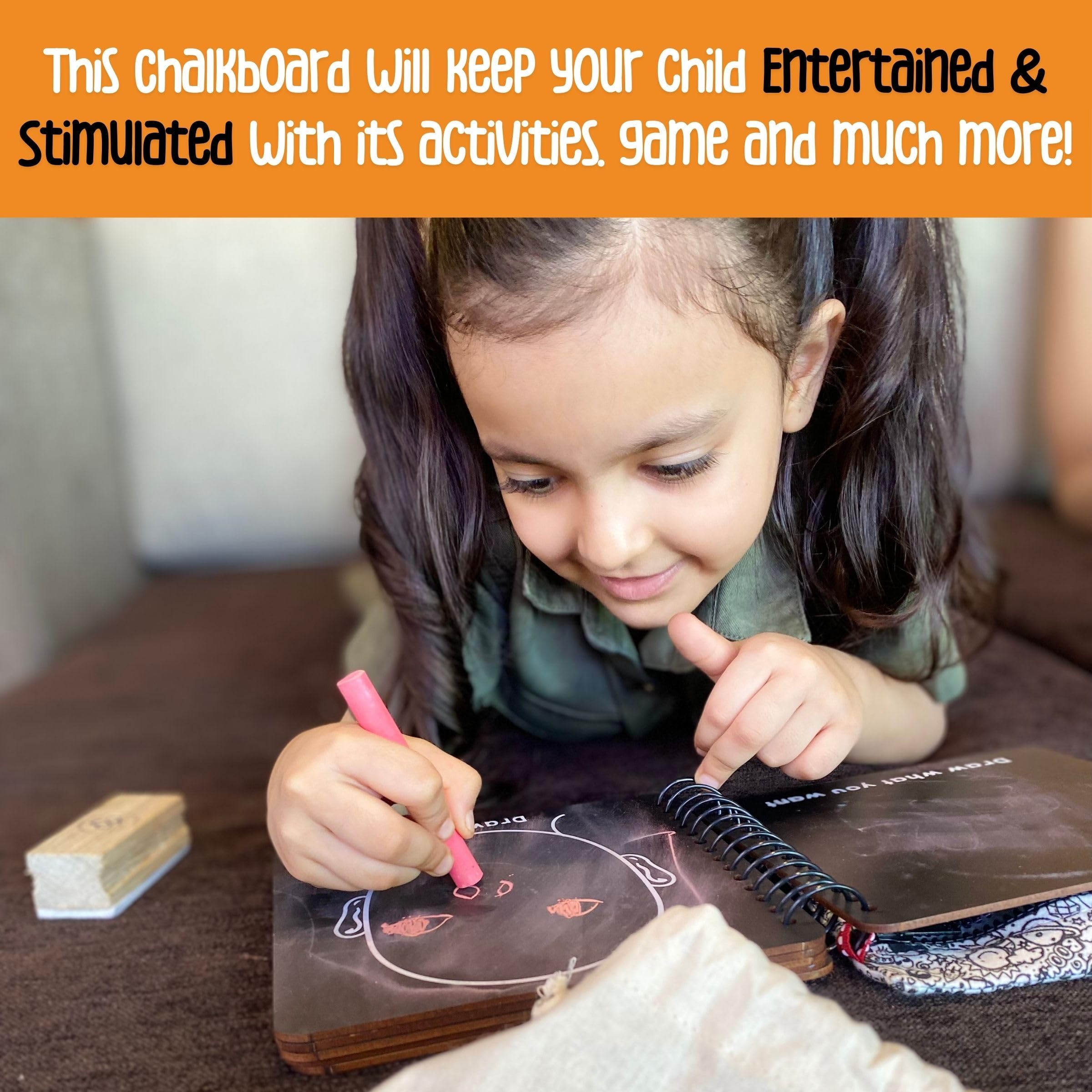 Berrybee Children's Activity Chalkboard Book Portable Free Activities for Kids Erasable Reusable Book 12 Pages 12 Activities One Chalk with Chalkholder 6 x 6 inches Toddler 3