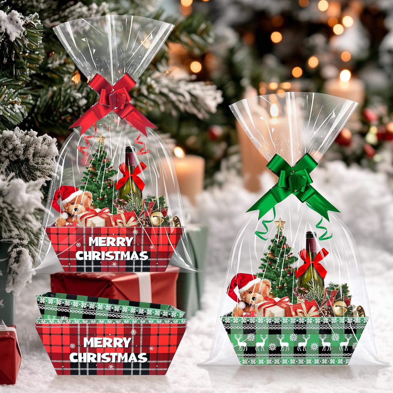 24 Sets Red Green Gingham Christmas Gift Basket Empty with Cellophane Bags 10x7”, Red Green Checkered Christmas Basket to Fill with Bows Ribbons for Xmas Holiday Party Supplies