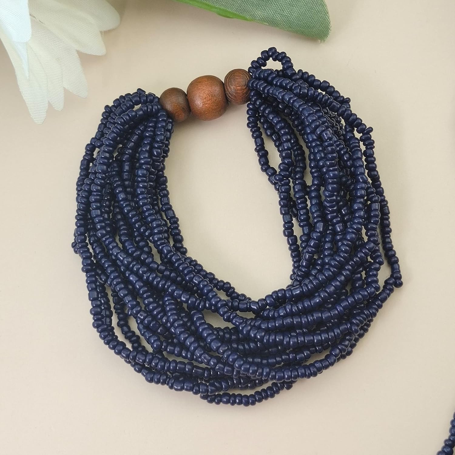 Bocar Long Multiple Row Handmade Beaded Statement Necklace with Gift Box (NK-10407-navy blue-set) - Image 6