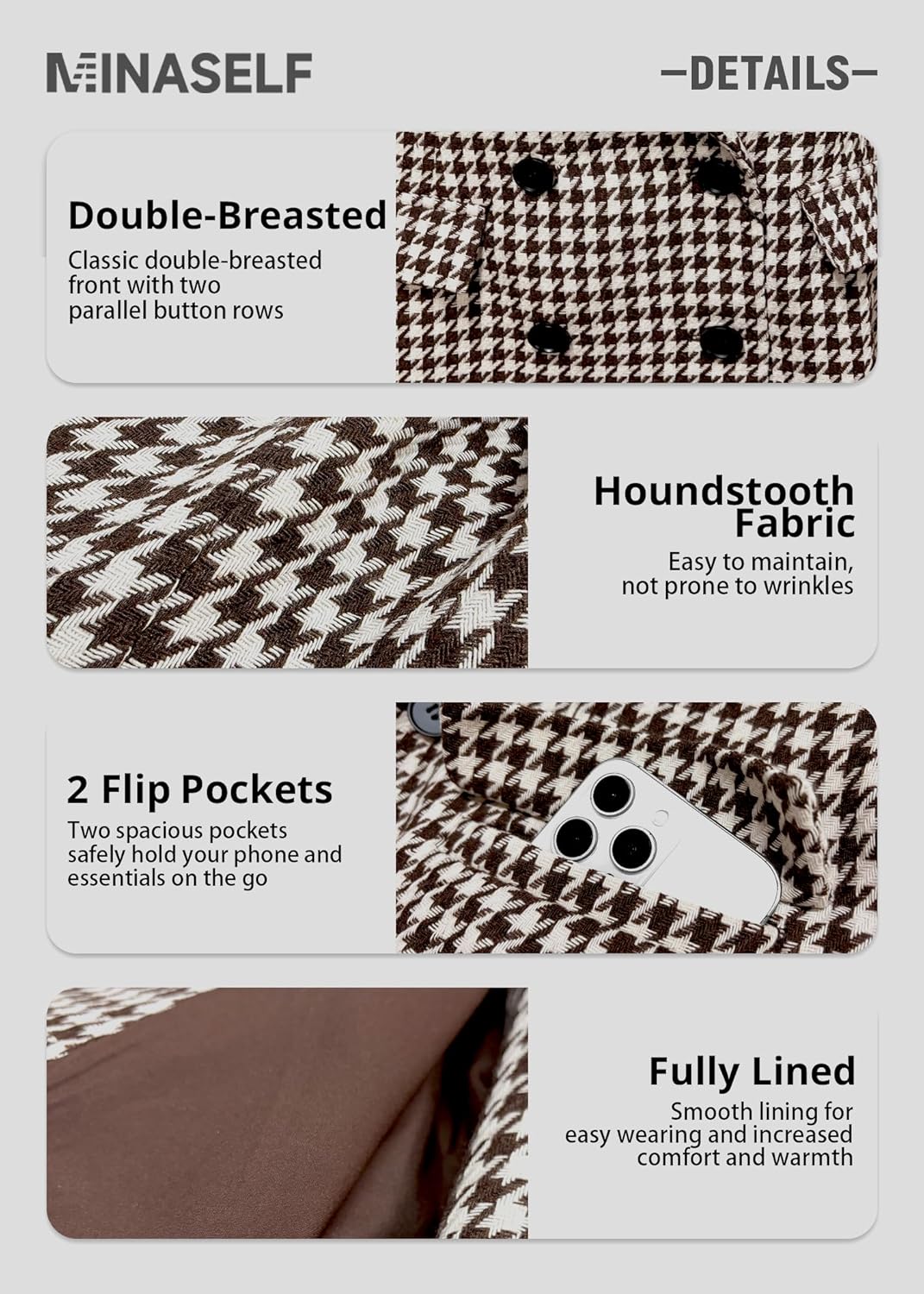 Mina Self 2026 Spring Women's Tweed Houndstooth Blazer Jacket - Plaid Fully-Lined Double-Breasted Casual Work Trendy Pocket - Image 5