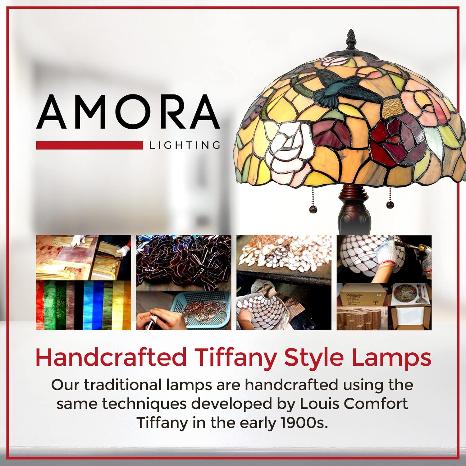 Amora Vintage Tiffany Table Lamp - Roses and Hummingbirds Table Night Light - Multicolor Glass Nightstand Lamp - 24” Tall Stained Glass Lamp