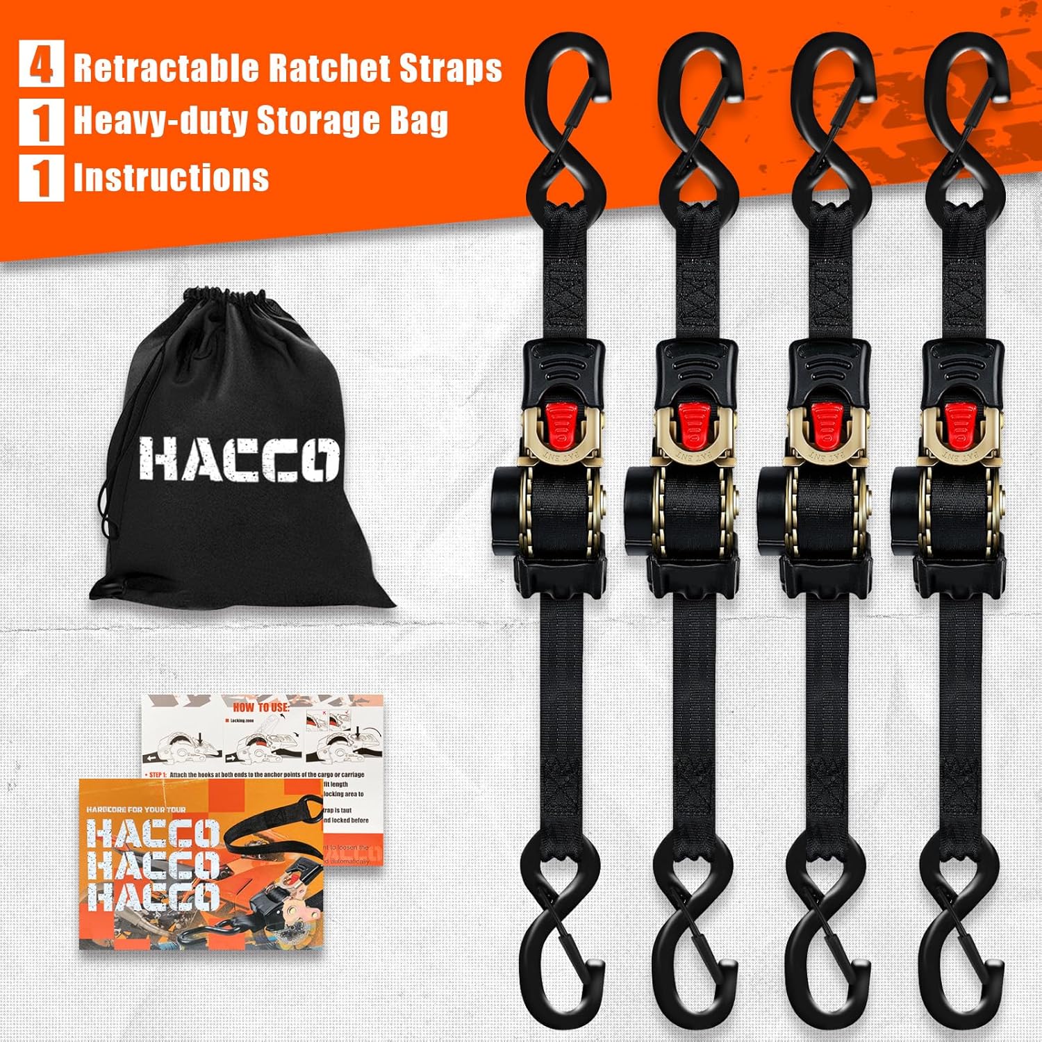 4Pk Retractable Ratchet Tie Down Straps 1" - 1500lbs Max Break Strength Autoretract Tie Downs with Coated S-Hooks for Motorcycles Cargo (10FT-4PK)