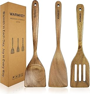Natural Acacia Wood Spatula Set of 3, Nonstick Pan Safe Multipurpose Wooden Cooking Spatulas, Eco-Friendly Scratch-Proof Heat Resistant with Hanging Holes