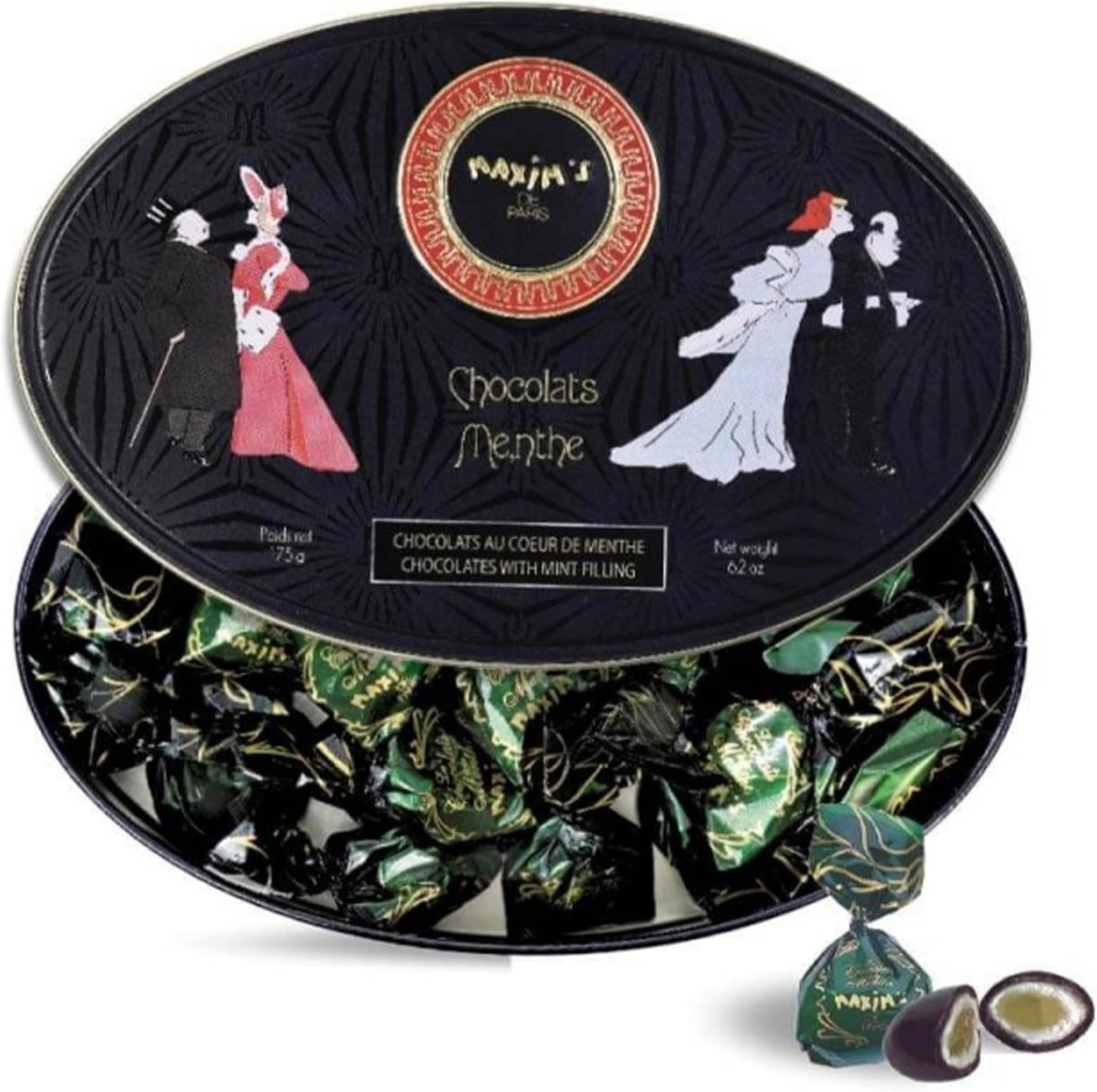 Maxim's De Paris - Chocolate Covered Mint Candies in a Luxurious Oval Tin Box Black and Gold, Belle Epoque Design, 175 g