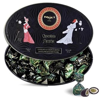 Maxims De Paris - Chocolate Covered Mint Candies in a Luxurious Oval Tin Box Black and Gold, Belle Epoque Design, 175 g