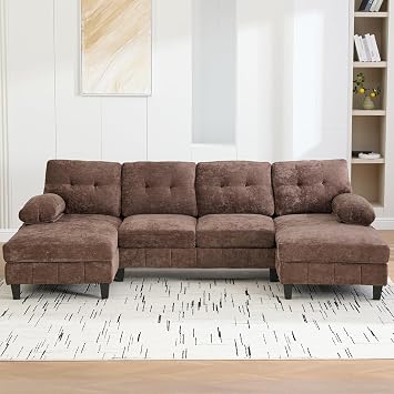 P PURLOVE Chenille Modern Large Sectional Sofa, U-Shaped Sectional Sofa Couch with Dual Chaise Lounges, Storage Pockets and Armrest Pillows for Living Room Brown