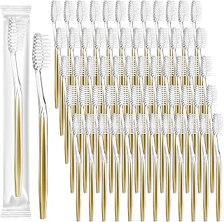 Patelai 100 Pcs Individually Wrapped Toothbrush Bulk Disposable Travel Toothbrushes Soft Bristle Tooth Brush Single Pack for Camping Adults Kids Hotels Guest Toiletries (Gold)