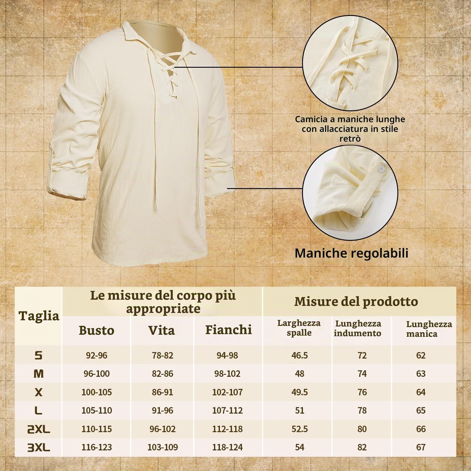 Costume da uomo medievale, set da 6 pezzi, con pirata medievale, top e pantaloni/braccia/cintura/borsa per monete d'oro da pirata/borsa per spada.