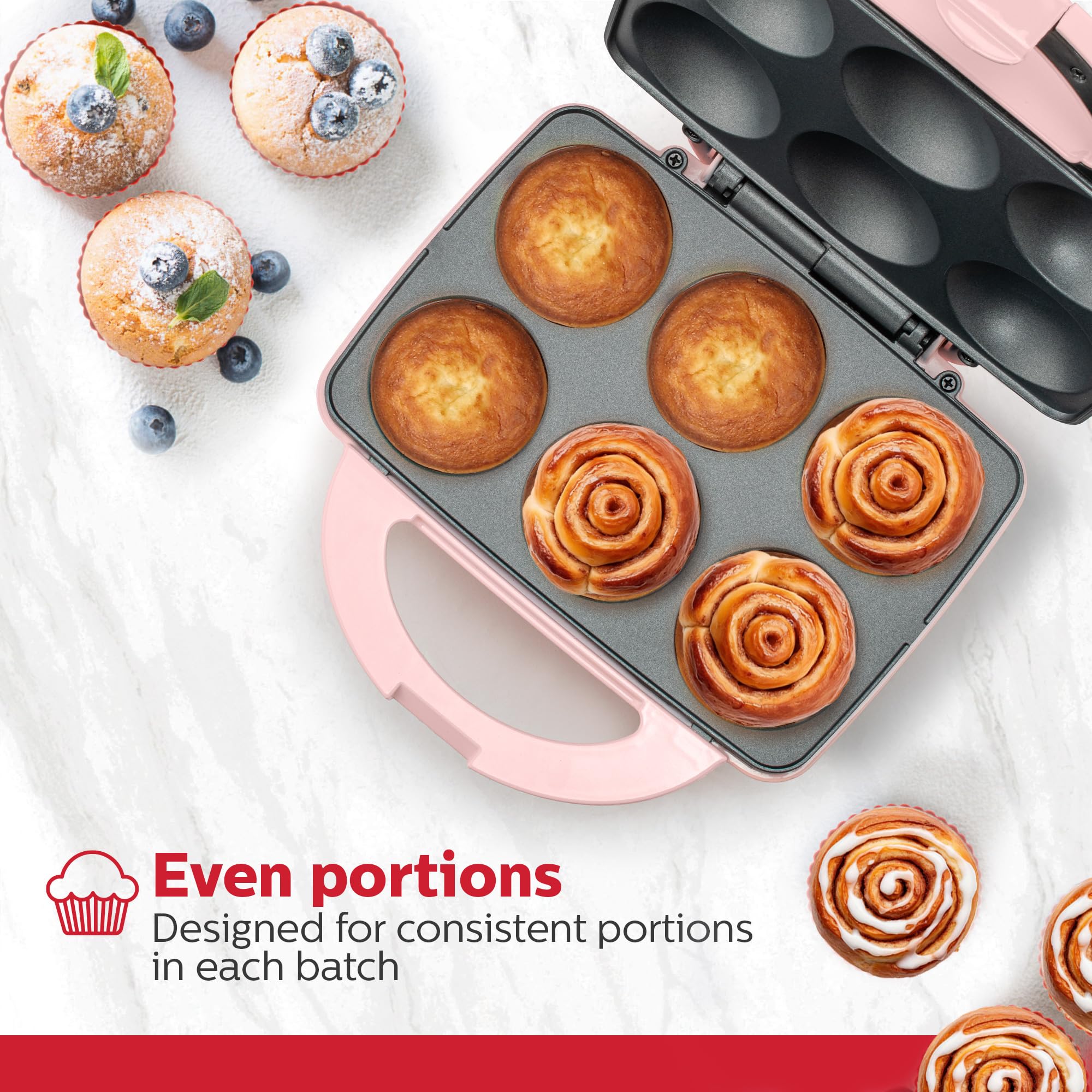 Holstein Housewares 6-pak elektrycznych nieprzywierających różowych maszyn do pieczenia - piecze 6 babeczek, babeczek, kubków do pizzy, bułek cynamonowych - idealne na prezenty, urodziny, święta lub