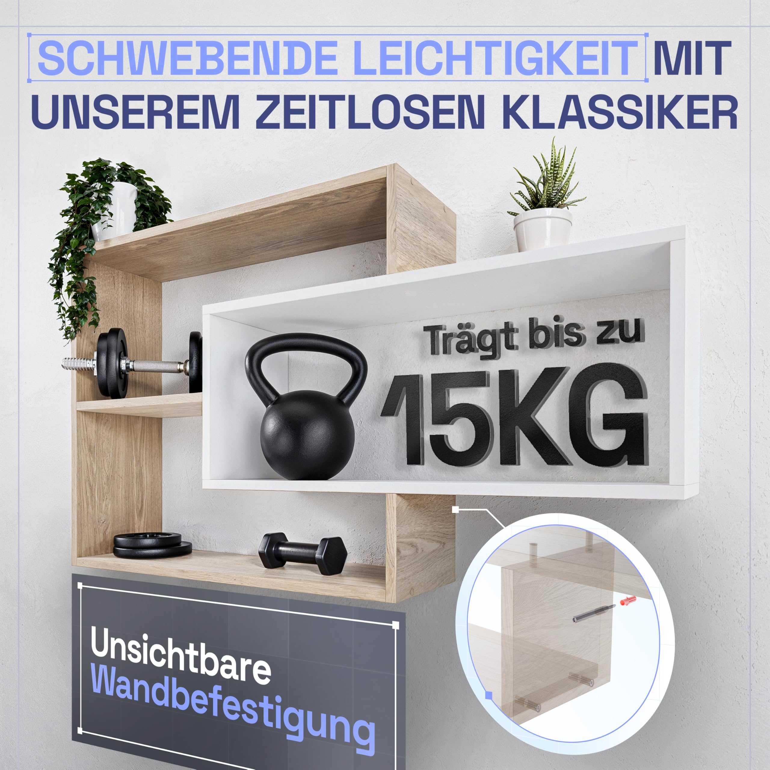 TRAUMMÖBEL Wandregal Karo Natur/Weiß Bücherregal Holz Hängeregal Schweberegal für Wohnzimmer, Schlafzimmer und Küche