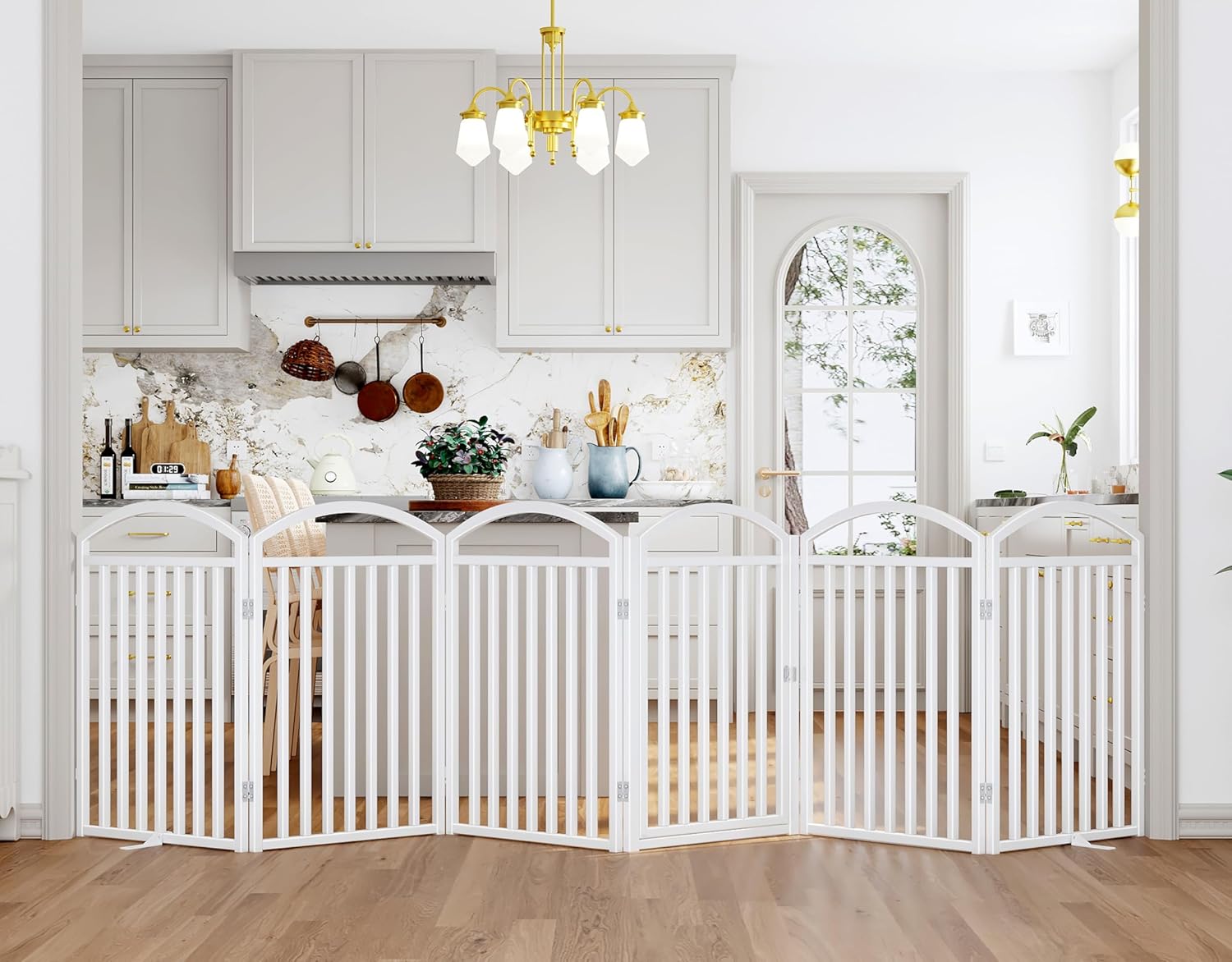 Folding No-Assembly Freestanding Dog Gate with Door,32" Heights Foldable Pet Fence,144" Extra Wide Accordion Puppy Folding Playpen for Doorways,House,Stairs (6 Panels,White)