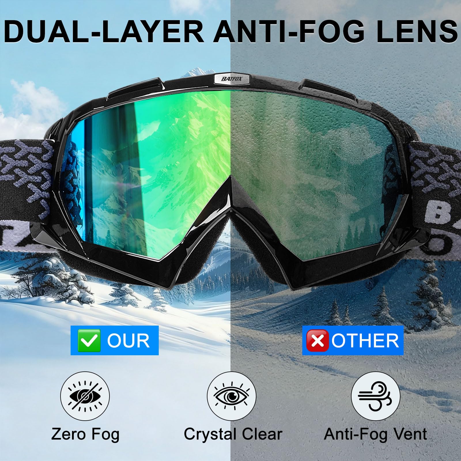Gafas de esquí antivaho OTG para adultos y niños, gafas de snowboard con 100% protección UV y ajuste antideslizante para esquí