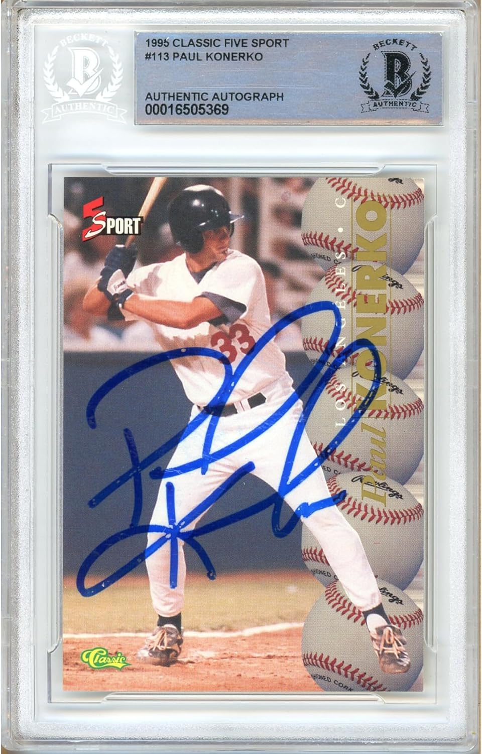 Paul Konerko Signed 1995 Classic Five Sport #113 Baseball Trading Card Beckett BAS Authentic Slabbed COA Played For Los Angeles Dodgers Chicago White Sox Collectibles Memorabilia
