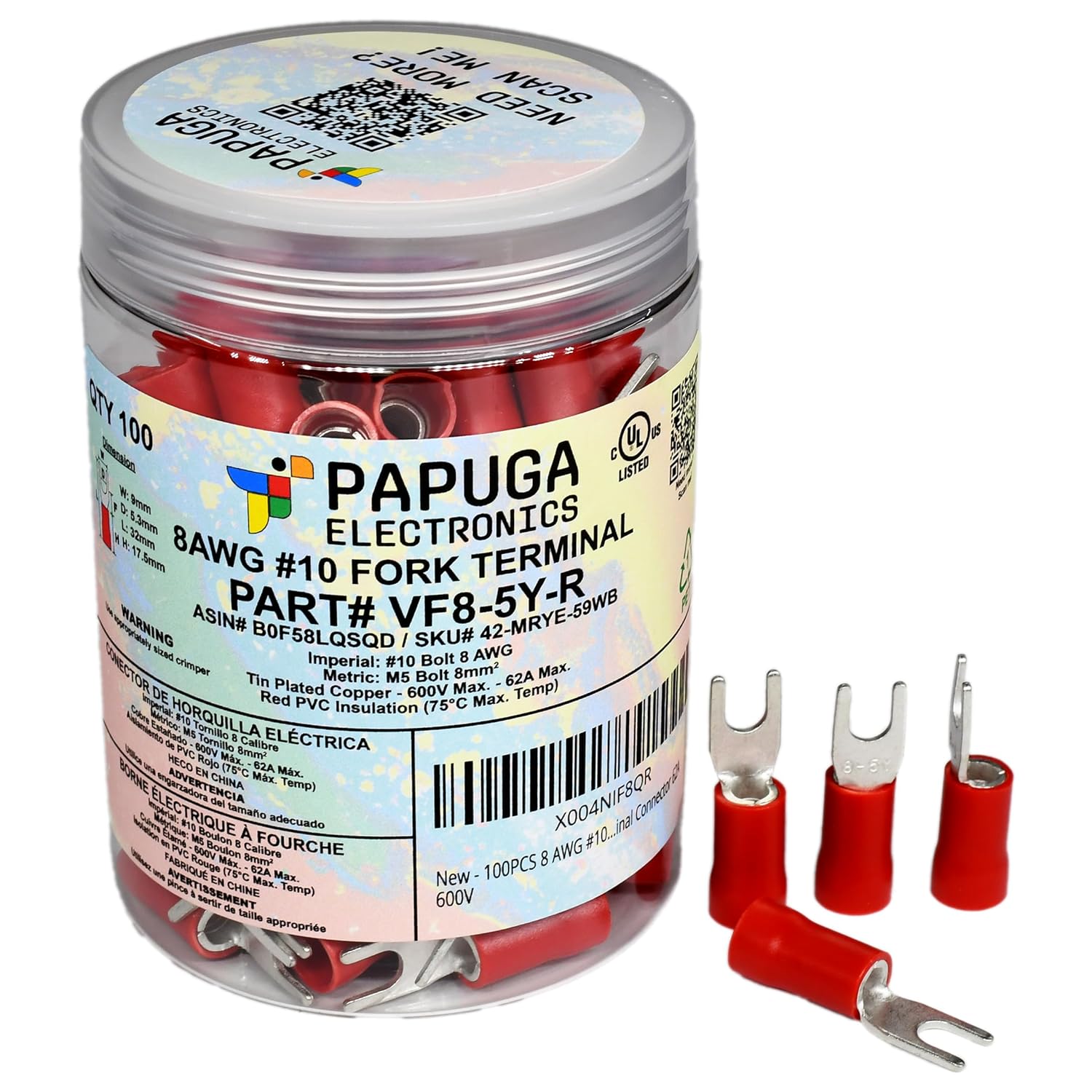 PAPUGA 100PCS 8 AWG (10 mm2) #10 / M5 Insulated Fork Spade Crimp Connector, 600V 62A, UL cUL Industrial Terminal High Current Connector, Electrical Repair